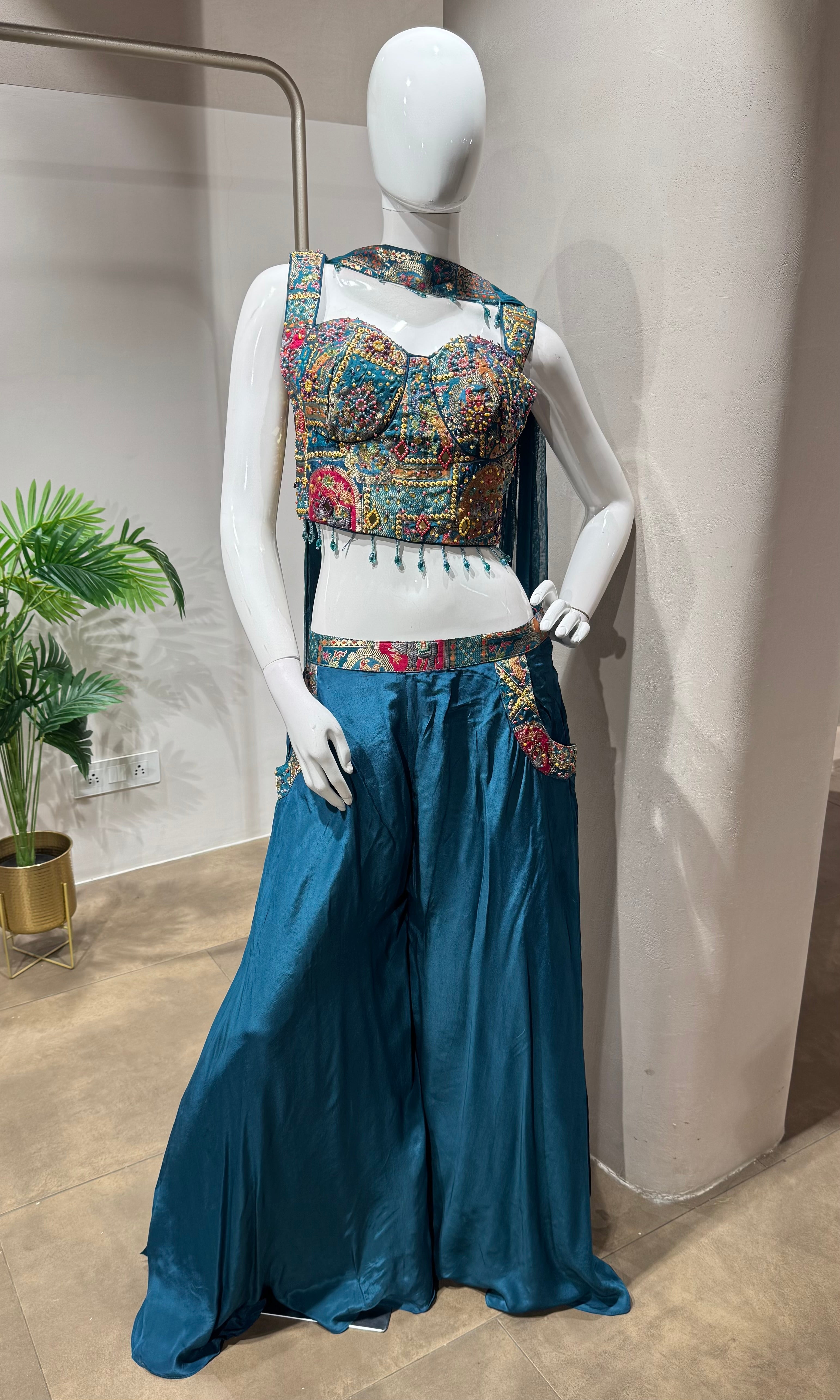 Blue Embellished Crop Top and Palazzo Pant