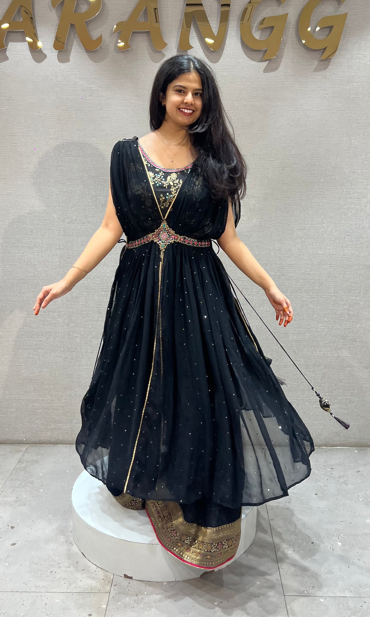 black crop top Palazzo with coat and Belt Accent