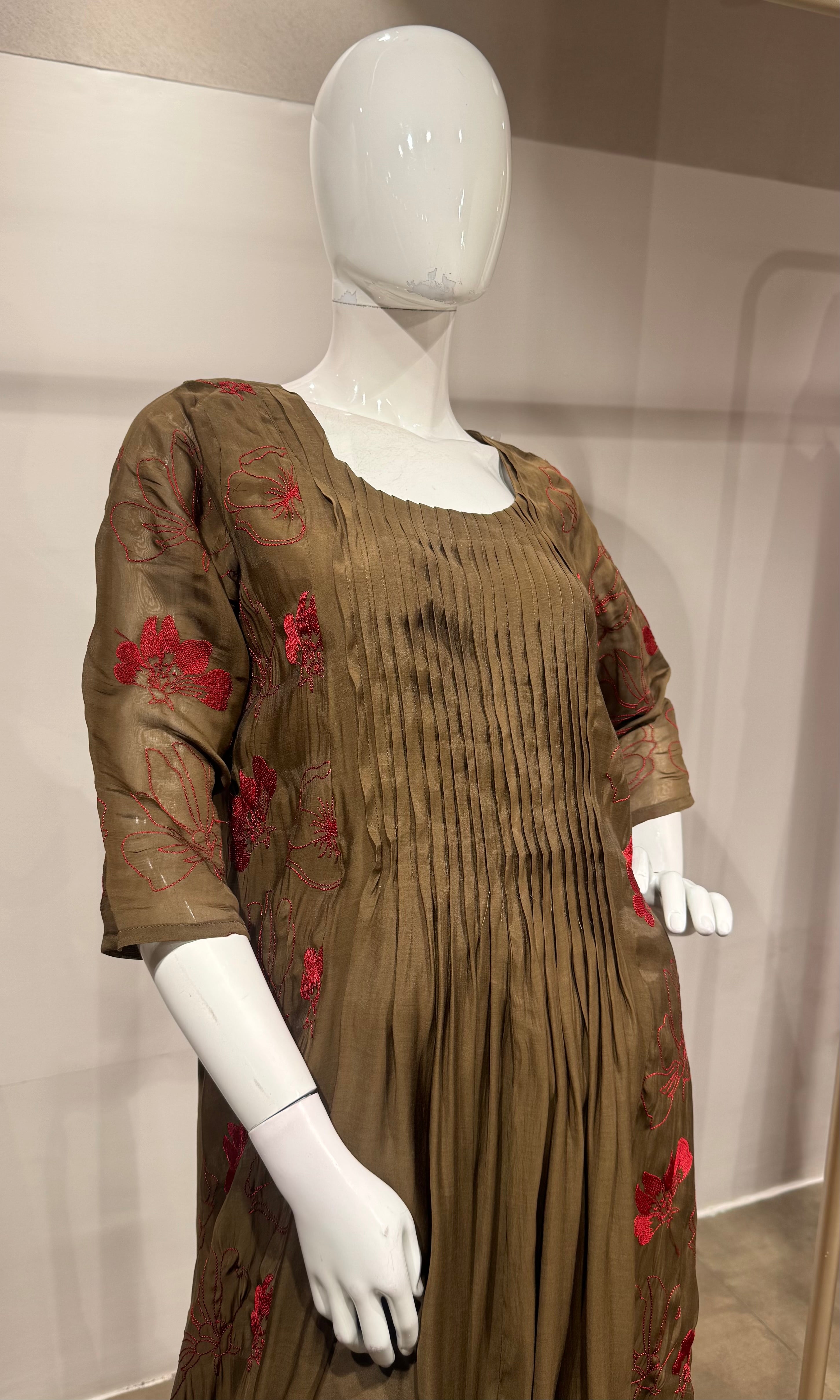 Brown Embroidered Mul Cotton Kurta Set
