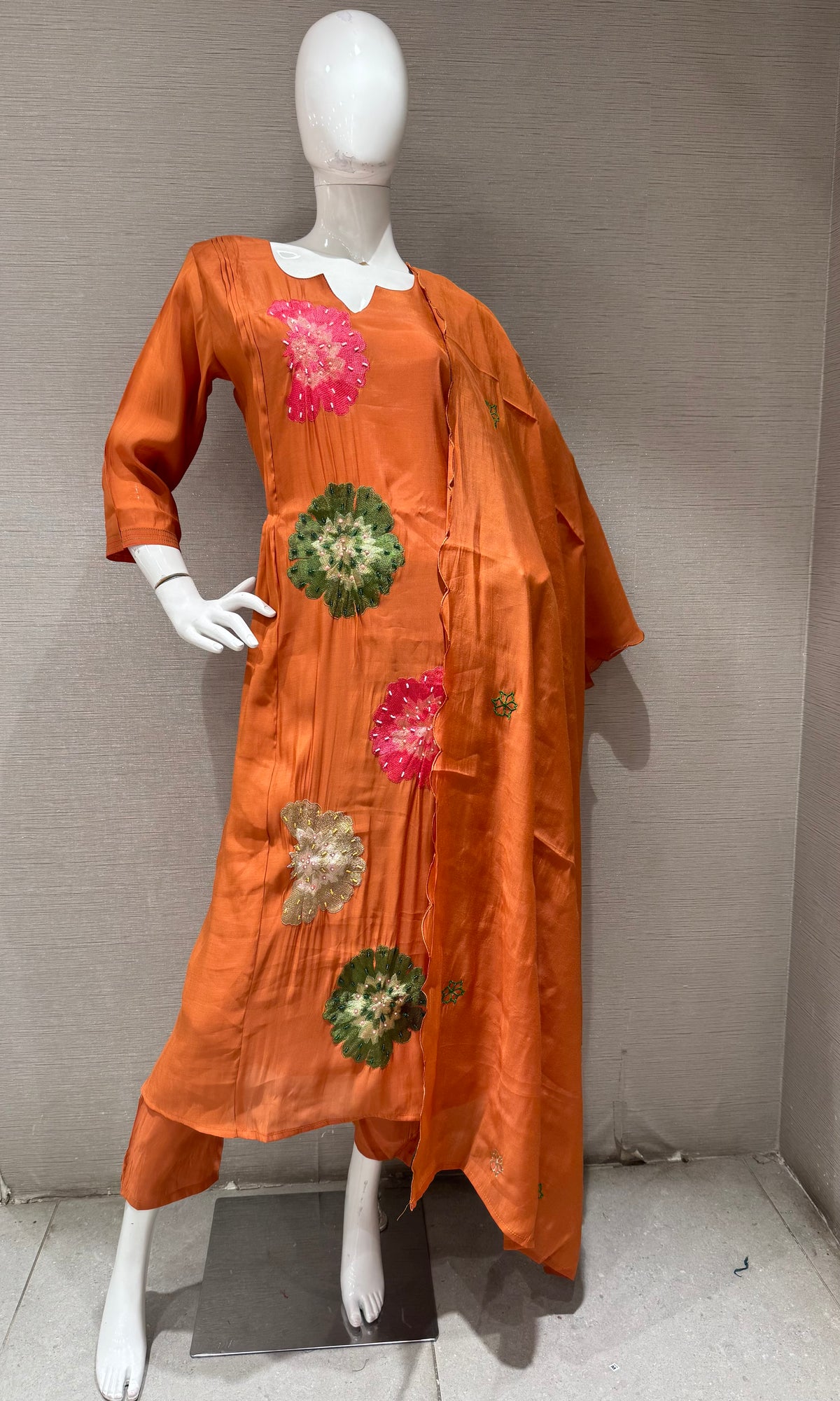 Rust cotton silk Floral Motif Kurta set with dupatta