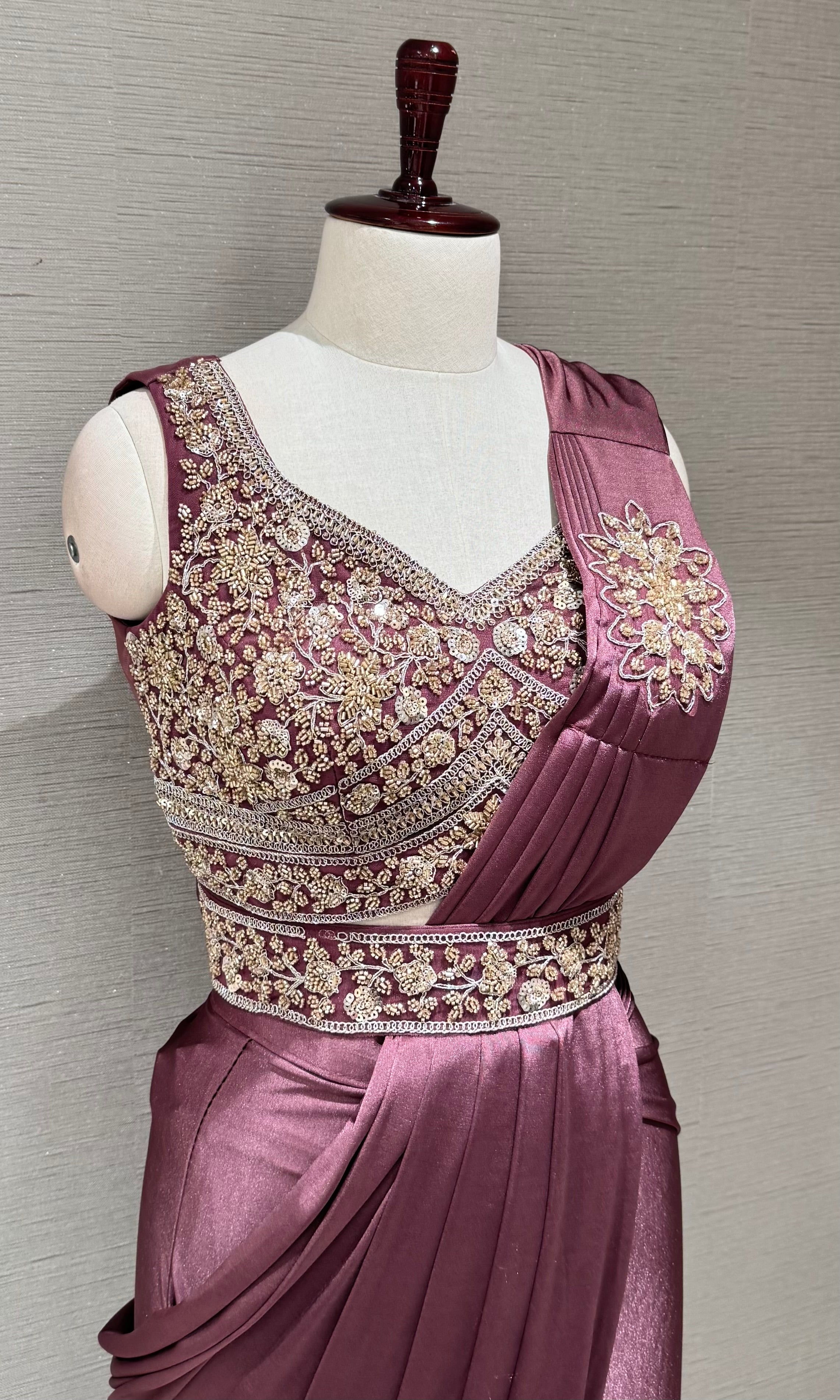 Wine Satin Drape Saree With embroidered blouse & belt