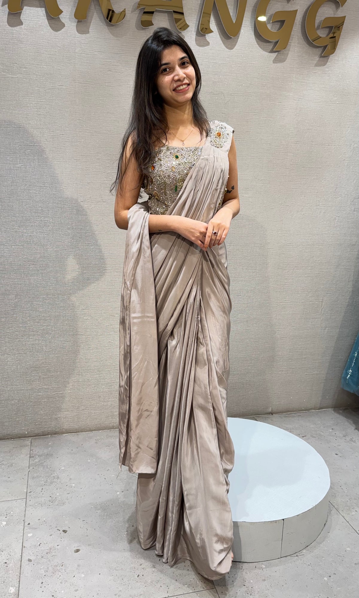 Grey satin Draped Saree with Crystal Embellished Corset Blouse