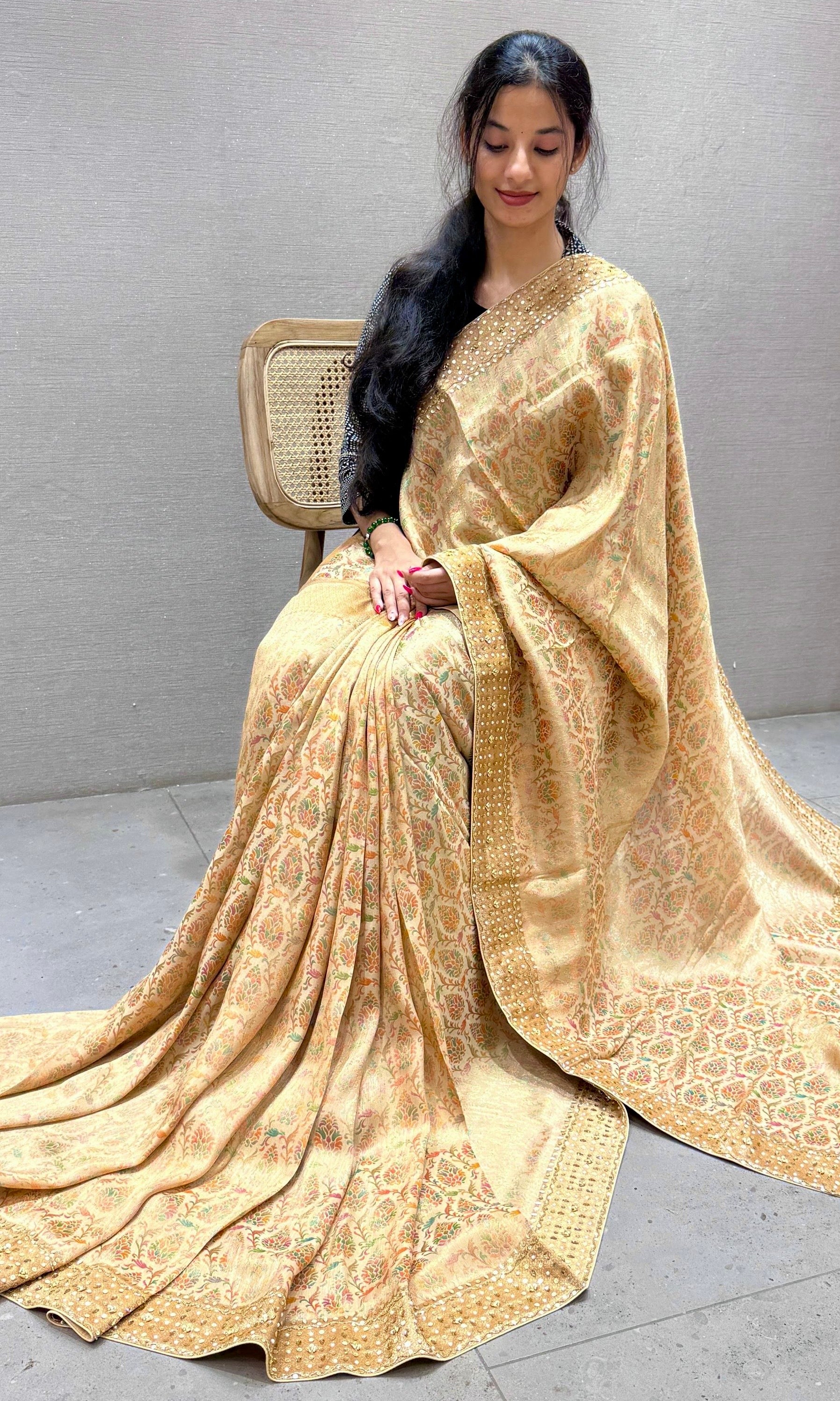 Golden Peach Banarasi saree with ready blouse