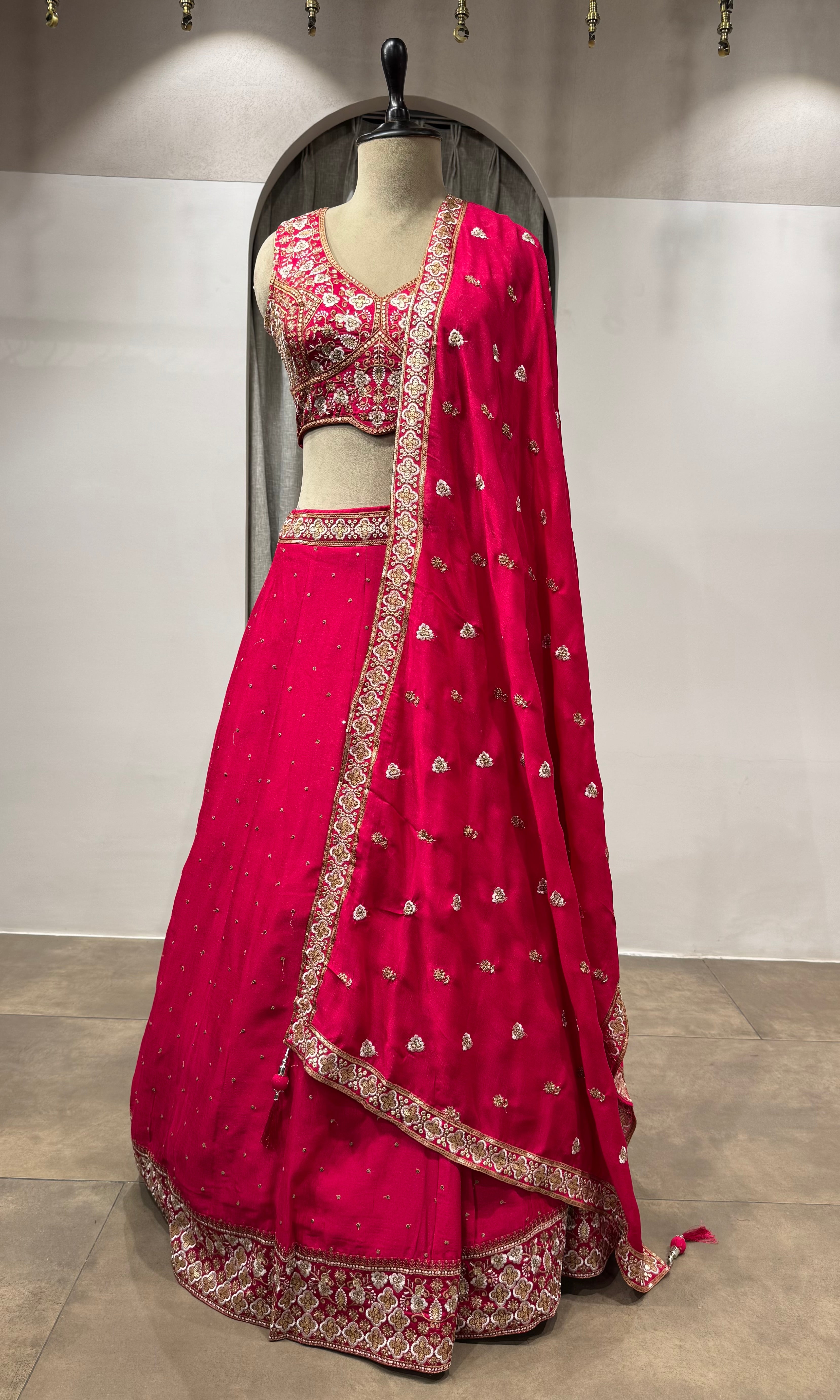 pink raw silk embroidered lehenga set