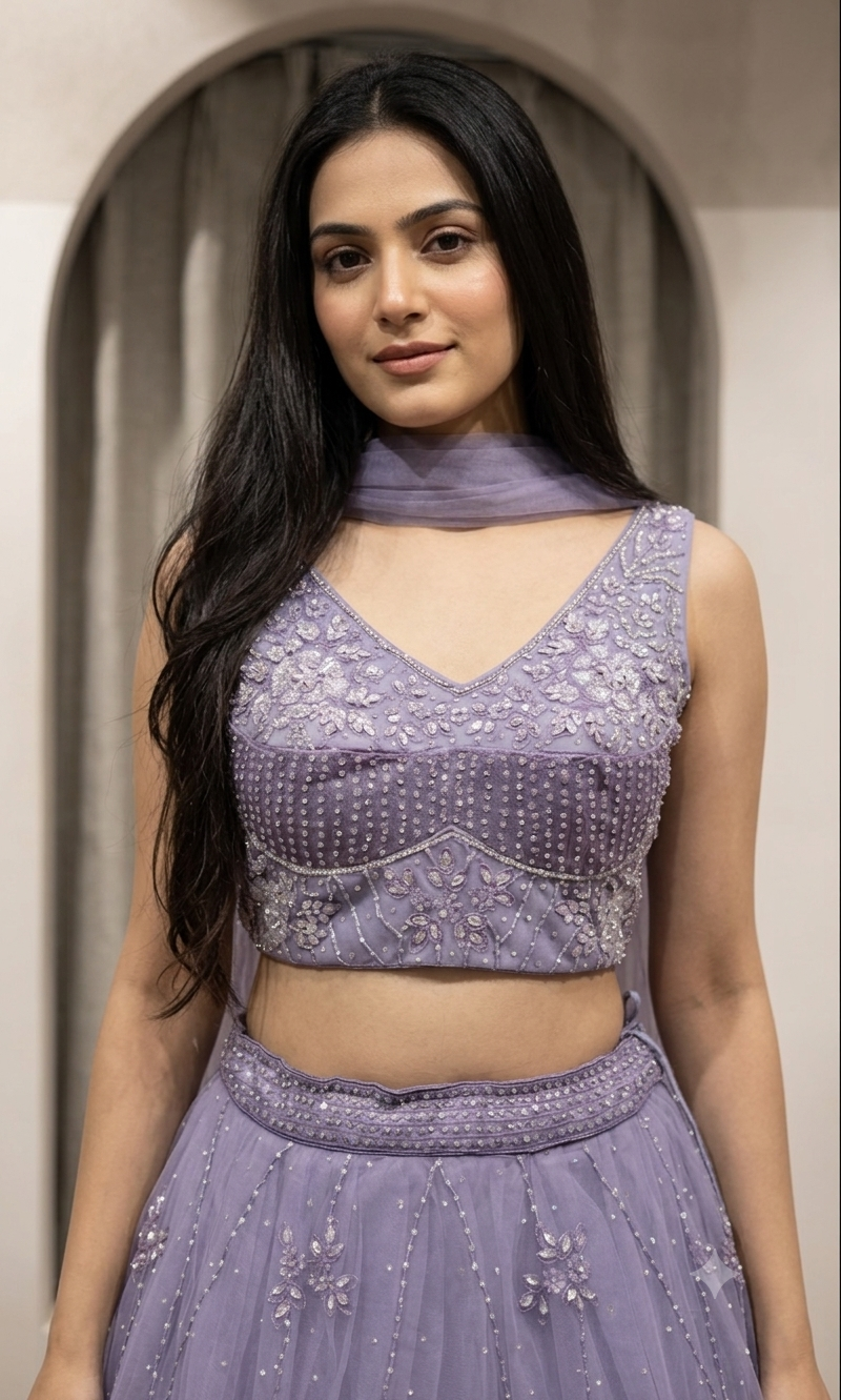 PURPLE FLORAL EMBROIDERED NETTED CROP TOP LEHENGA