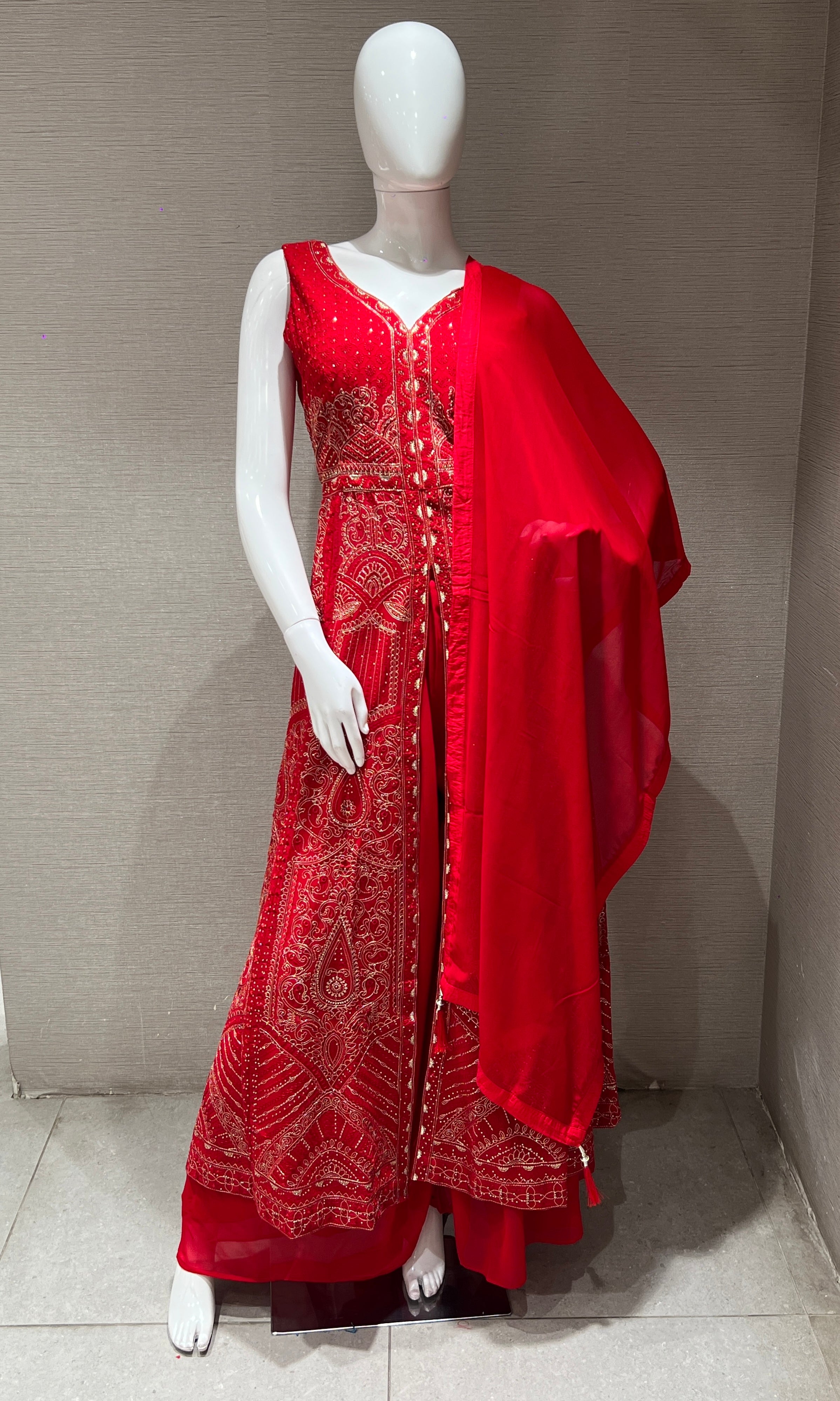 Red front slit Anarkali with palazzo pants
