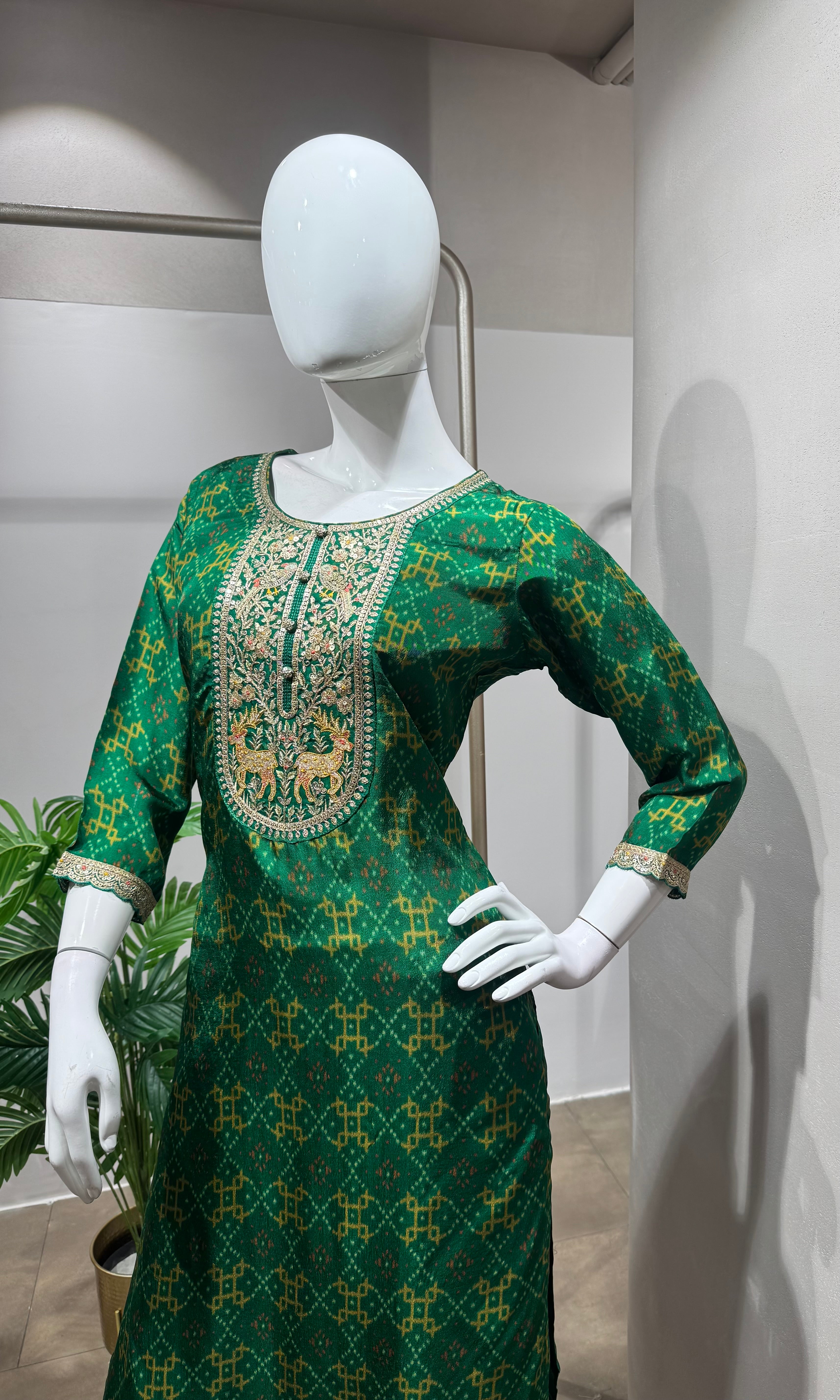 Green embroidered kurta set with dupatta