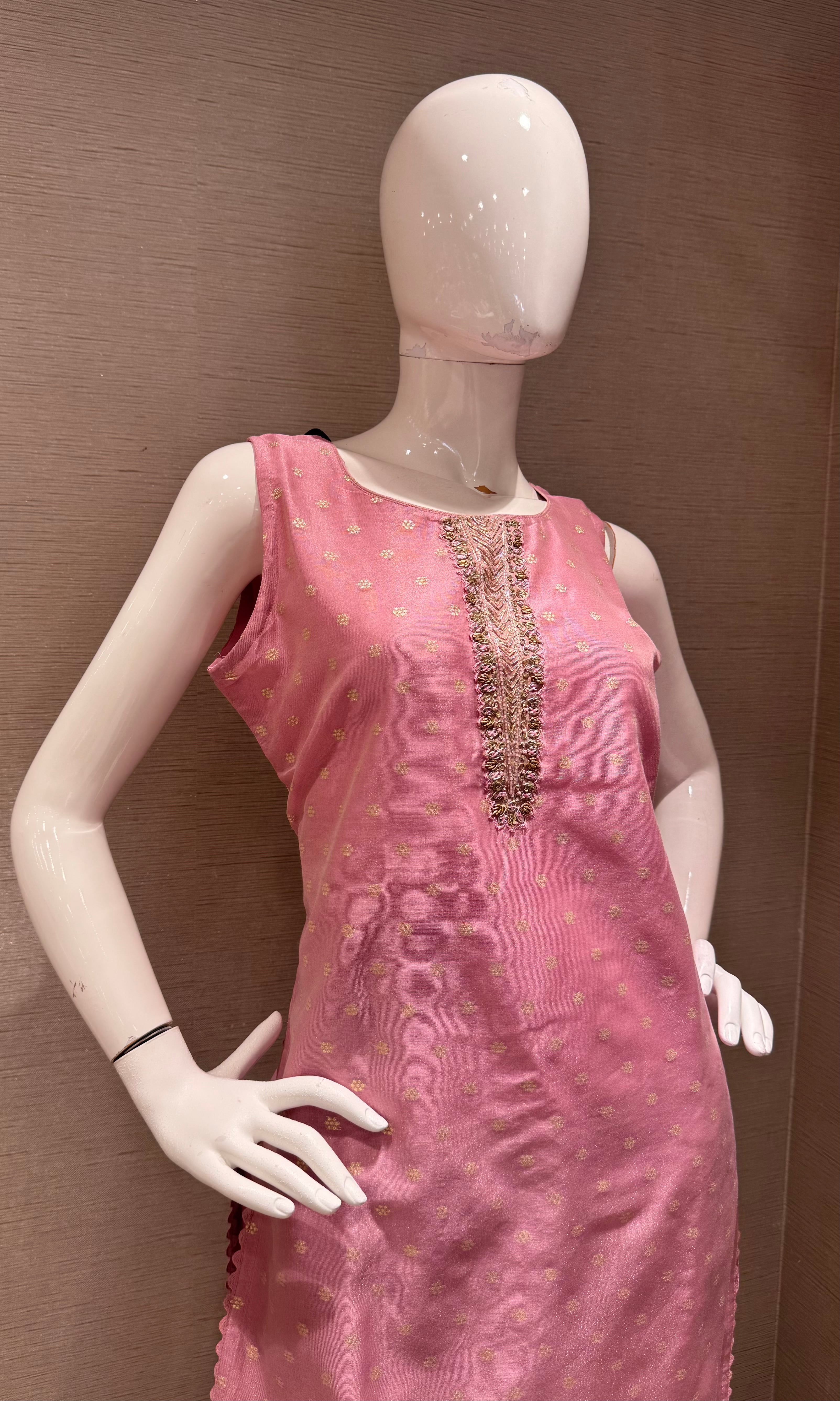 pink kurta set with gold embroidery with sheer dupatta