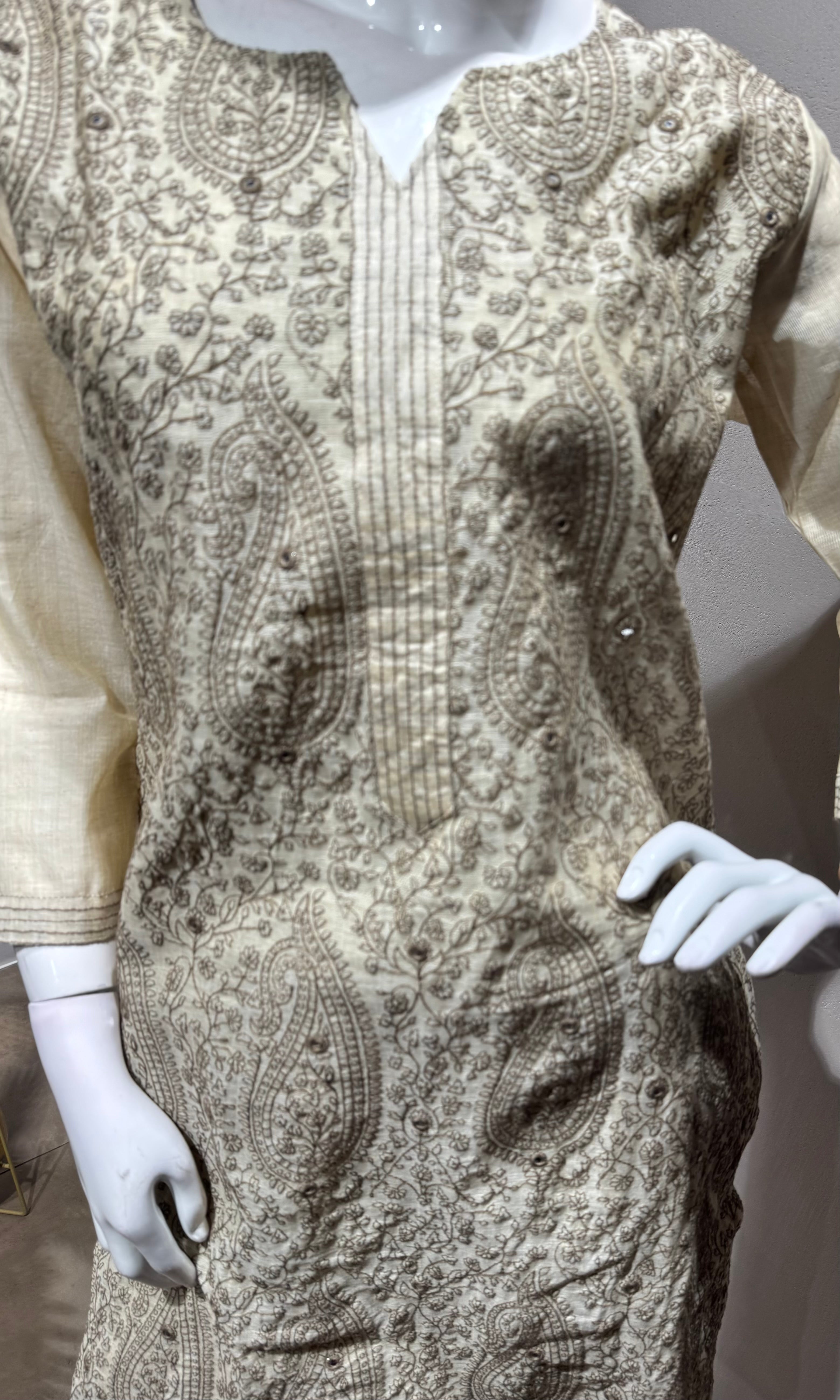 Beige Embroidered Kurta Set with Contrasting Dupatta