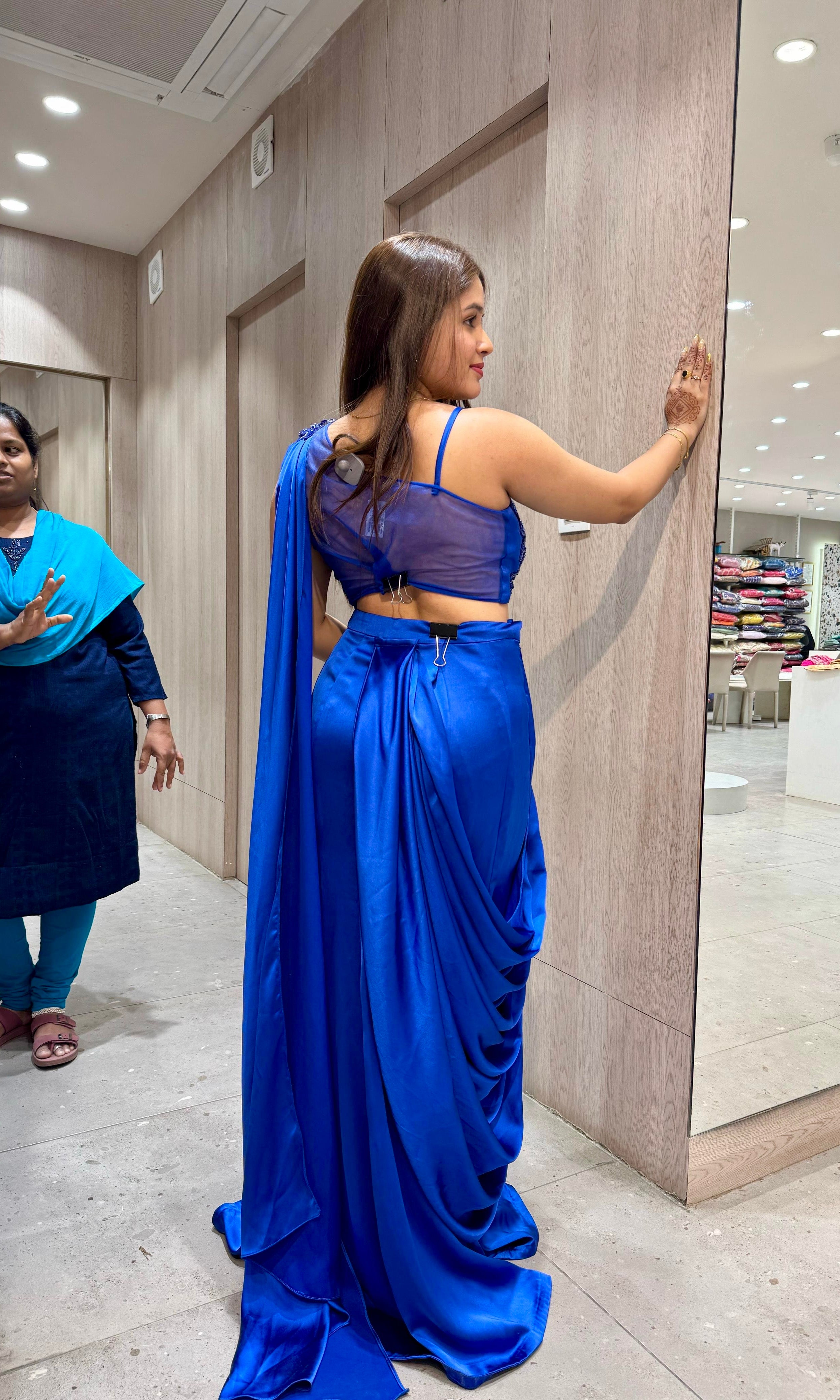 Blue Draped Saree with Corset Blouse
