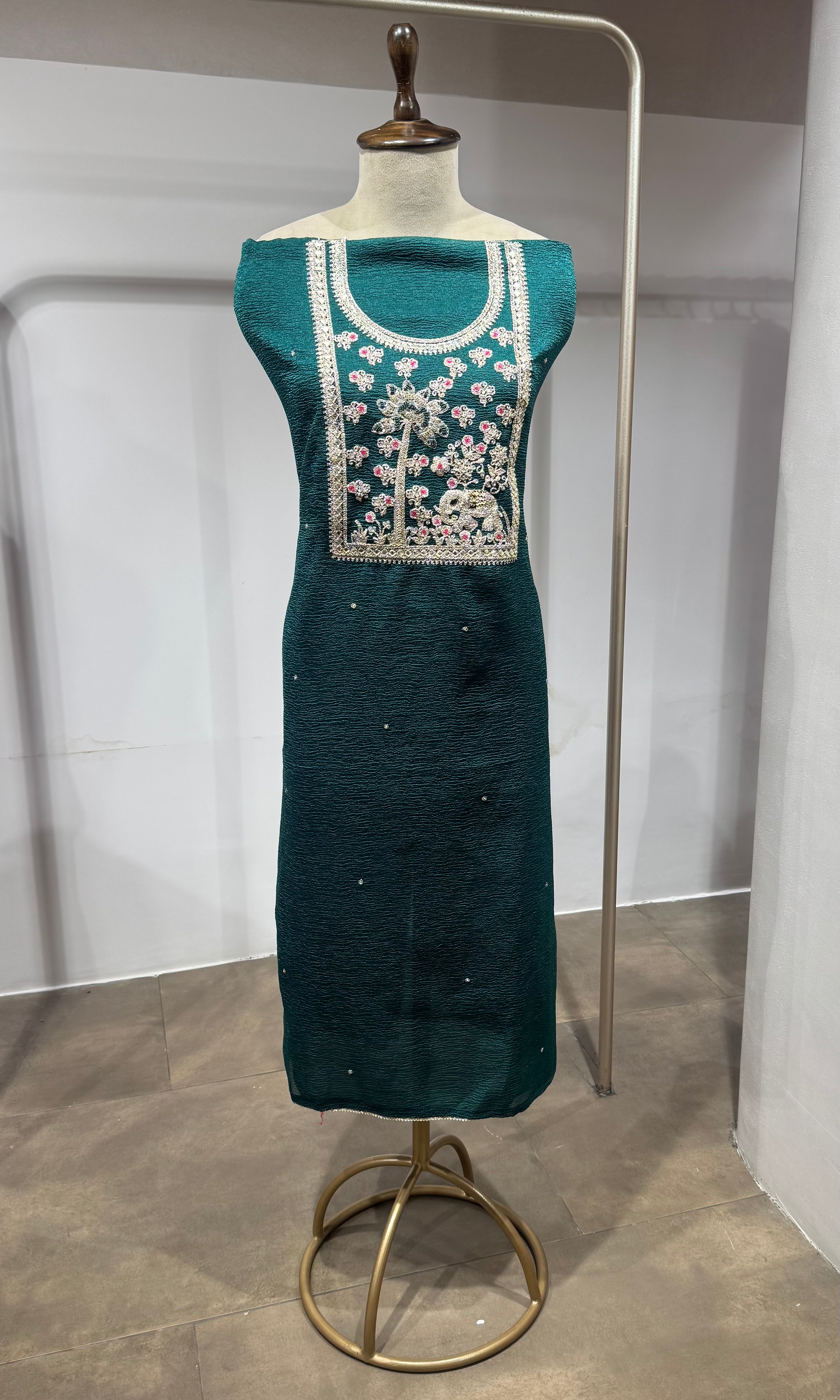 Green ETHNIC DRESS MATERIAL WITH BANARASI DUPATTA