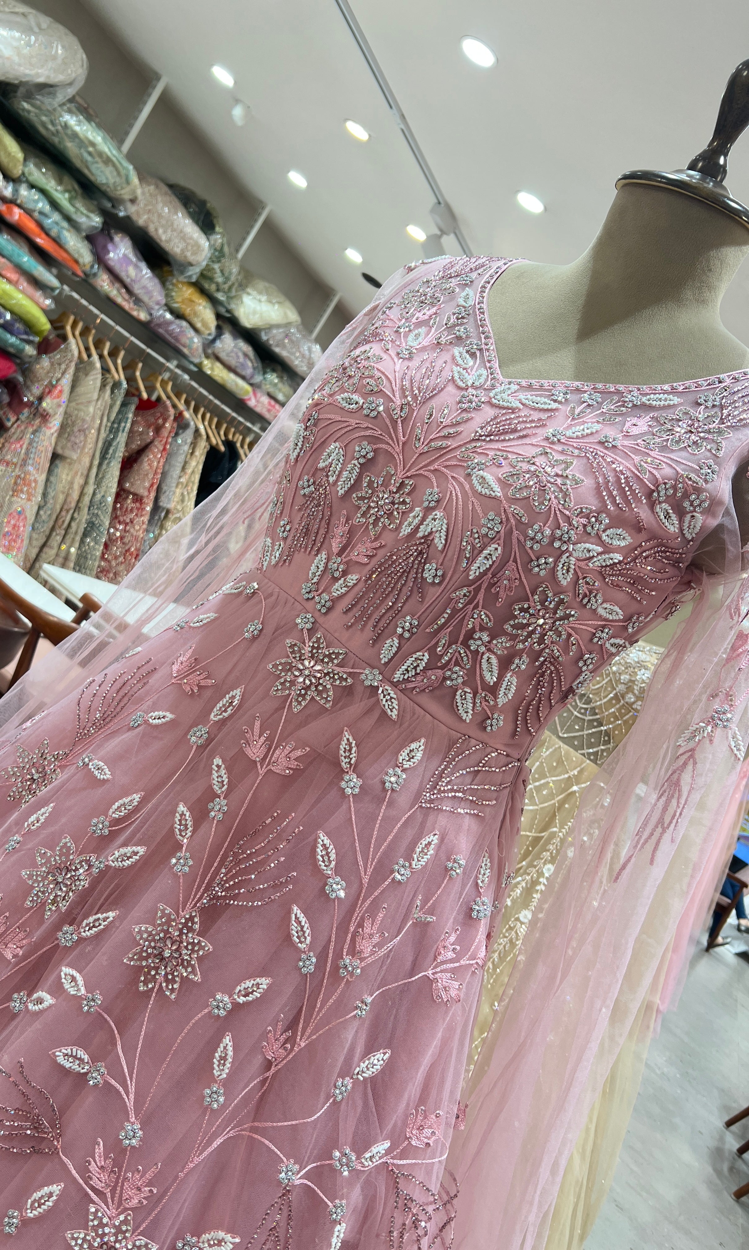 BLUSH PINK CRYSTAL WORK NET GOWN