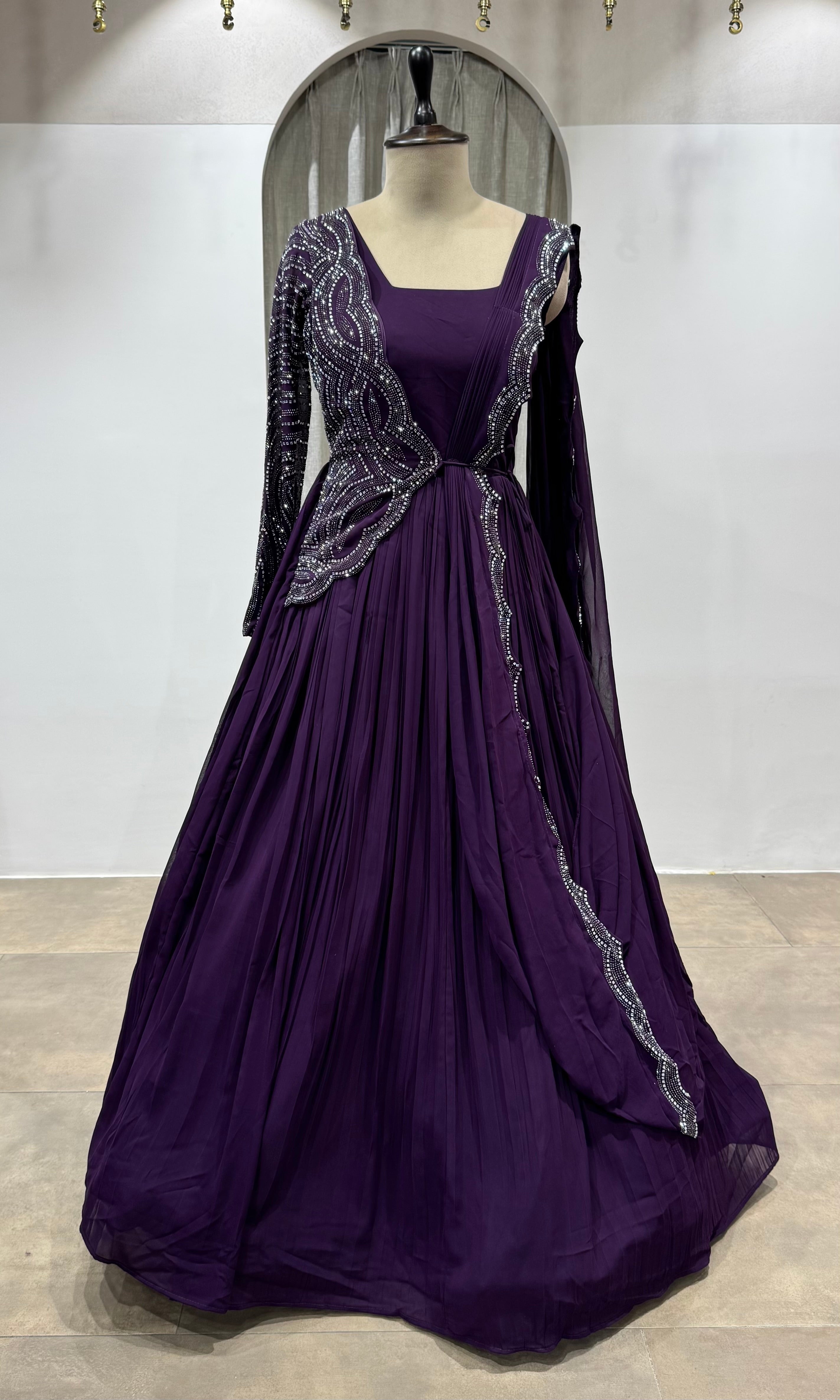 Wine Floor-Length Embroidered Anarkali Gown