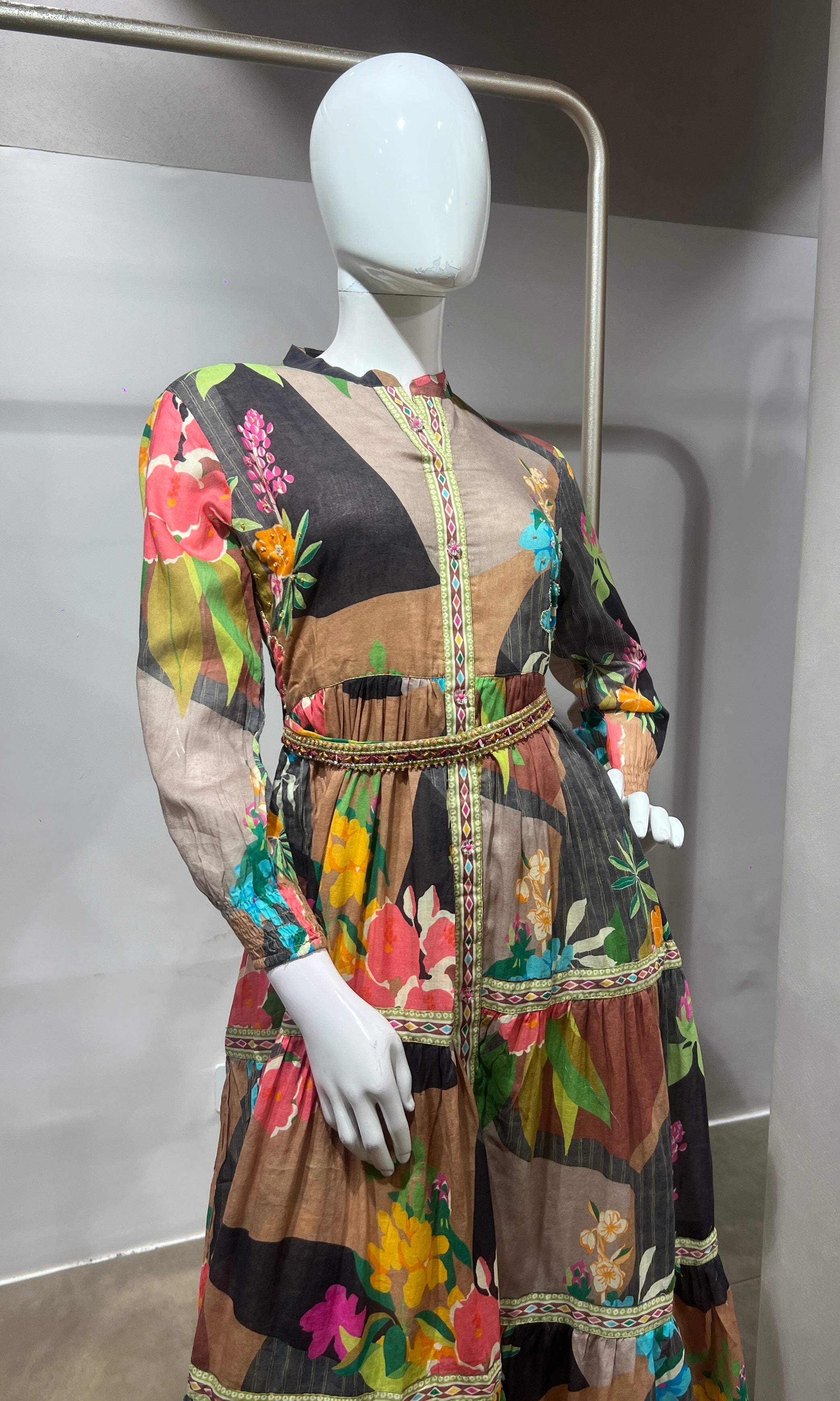 Green Multi Abstract Print Long Sleeve Frock