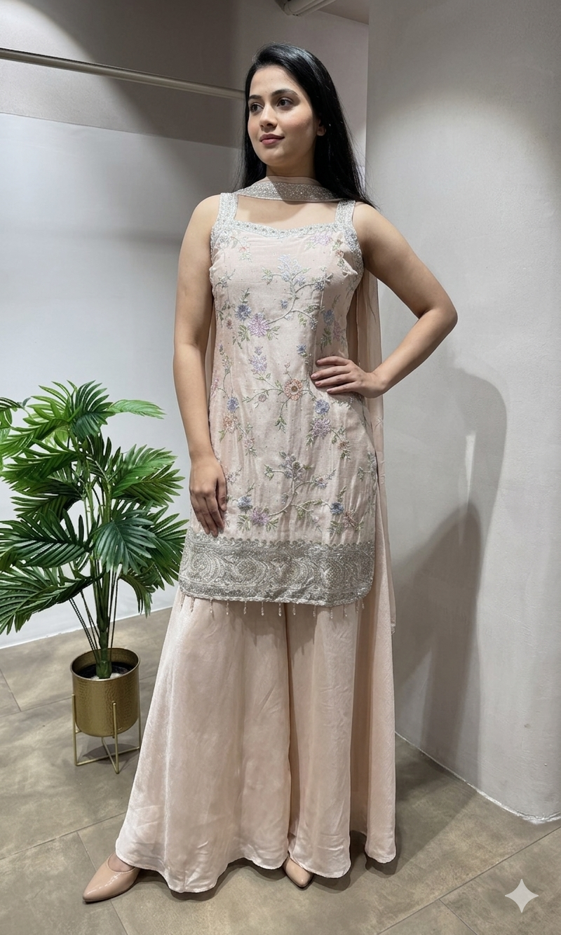 Peach silver floral embroidery sharara