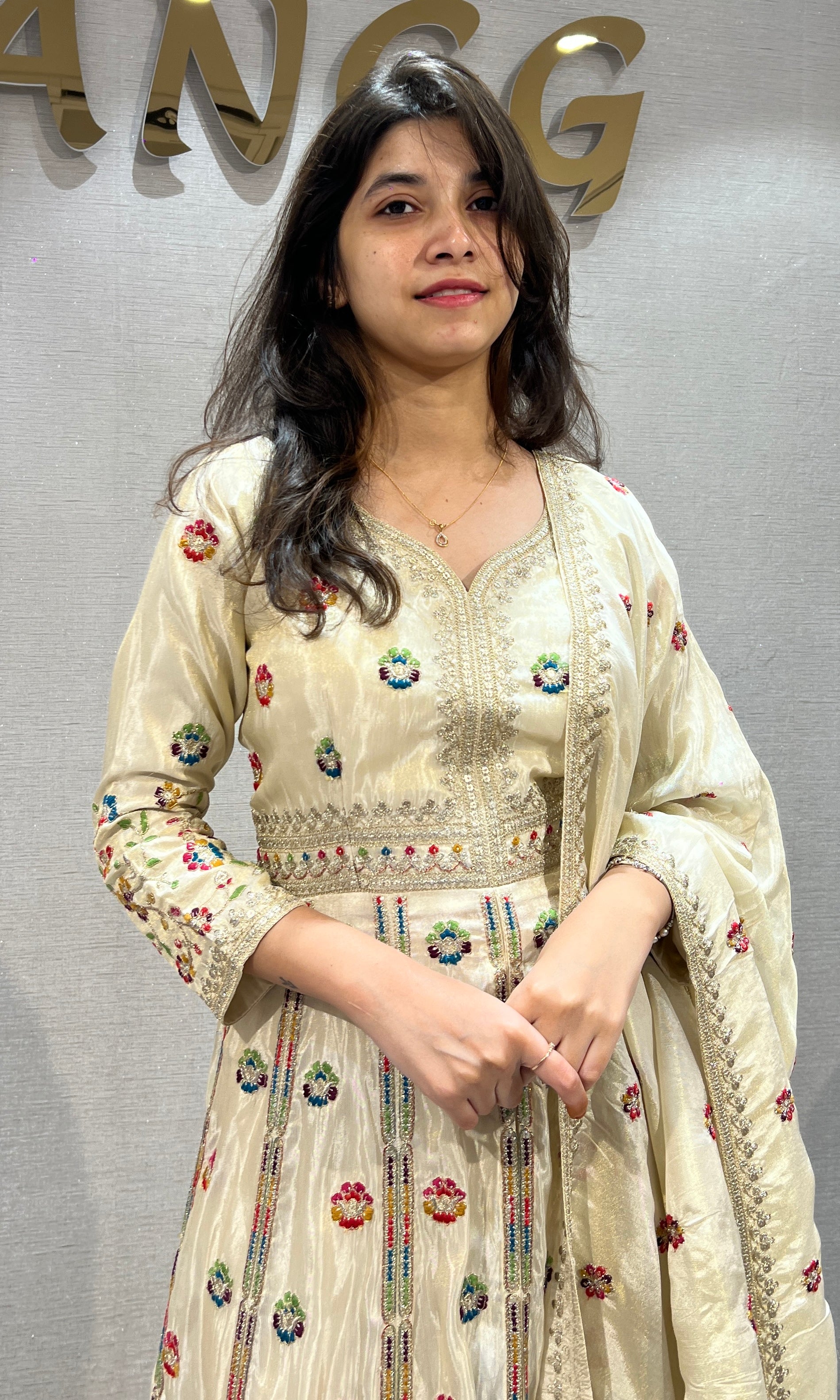 Cream Embroidered Anarkali Set with Flared Skirt