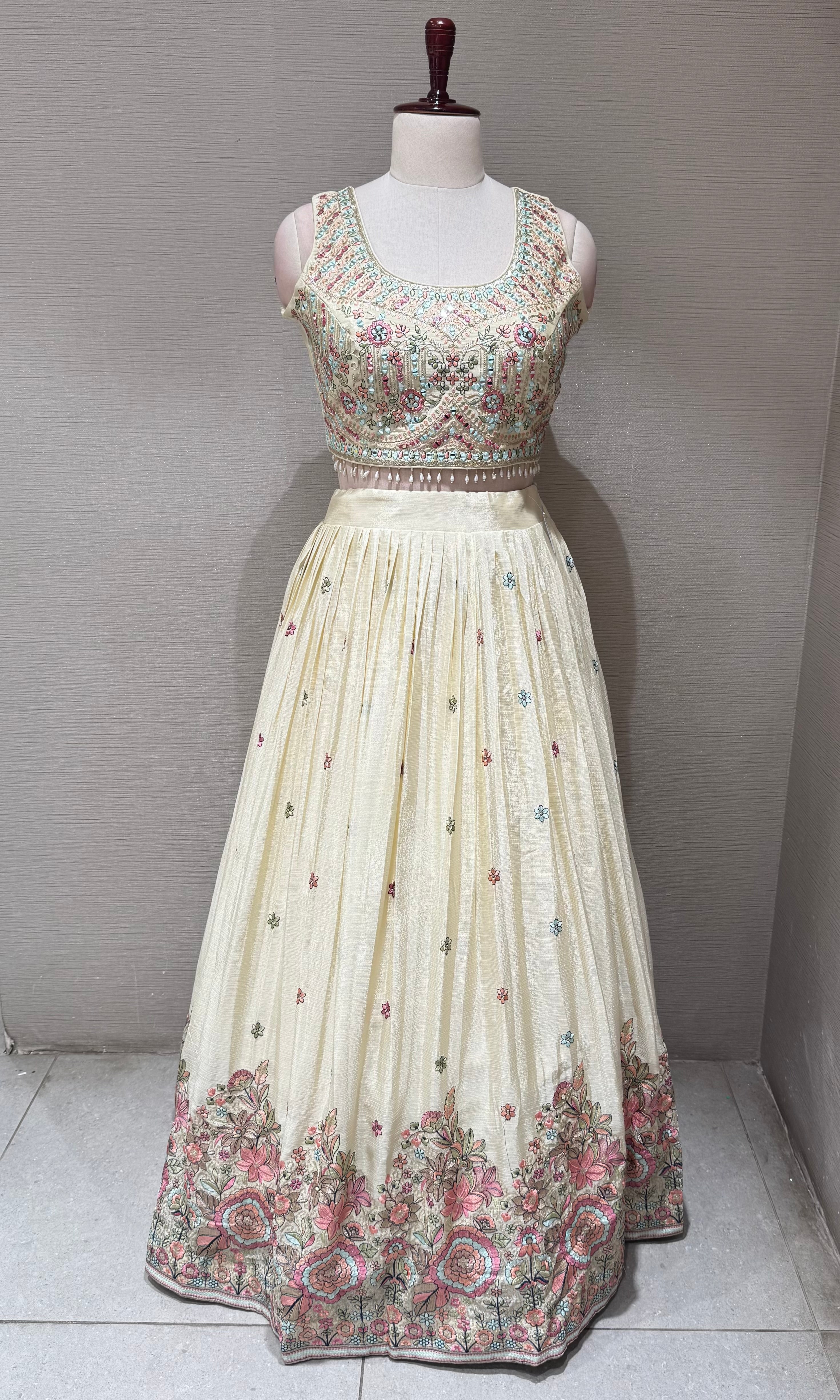 Cream tissue silk Lehenga Set with Intricate Floral Embroidery