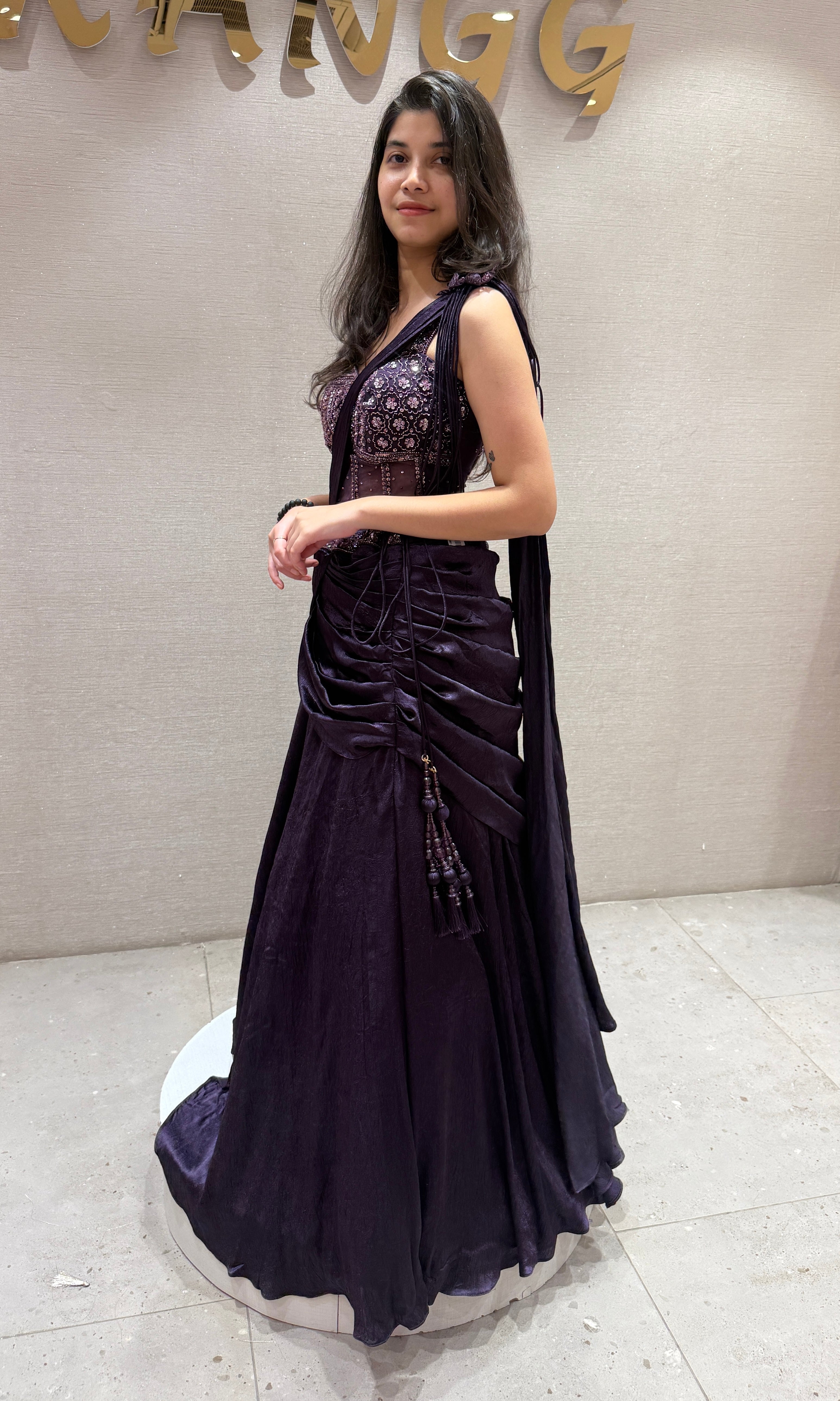 WINE Draped SAREE with Corset Blouse