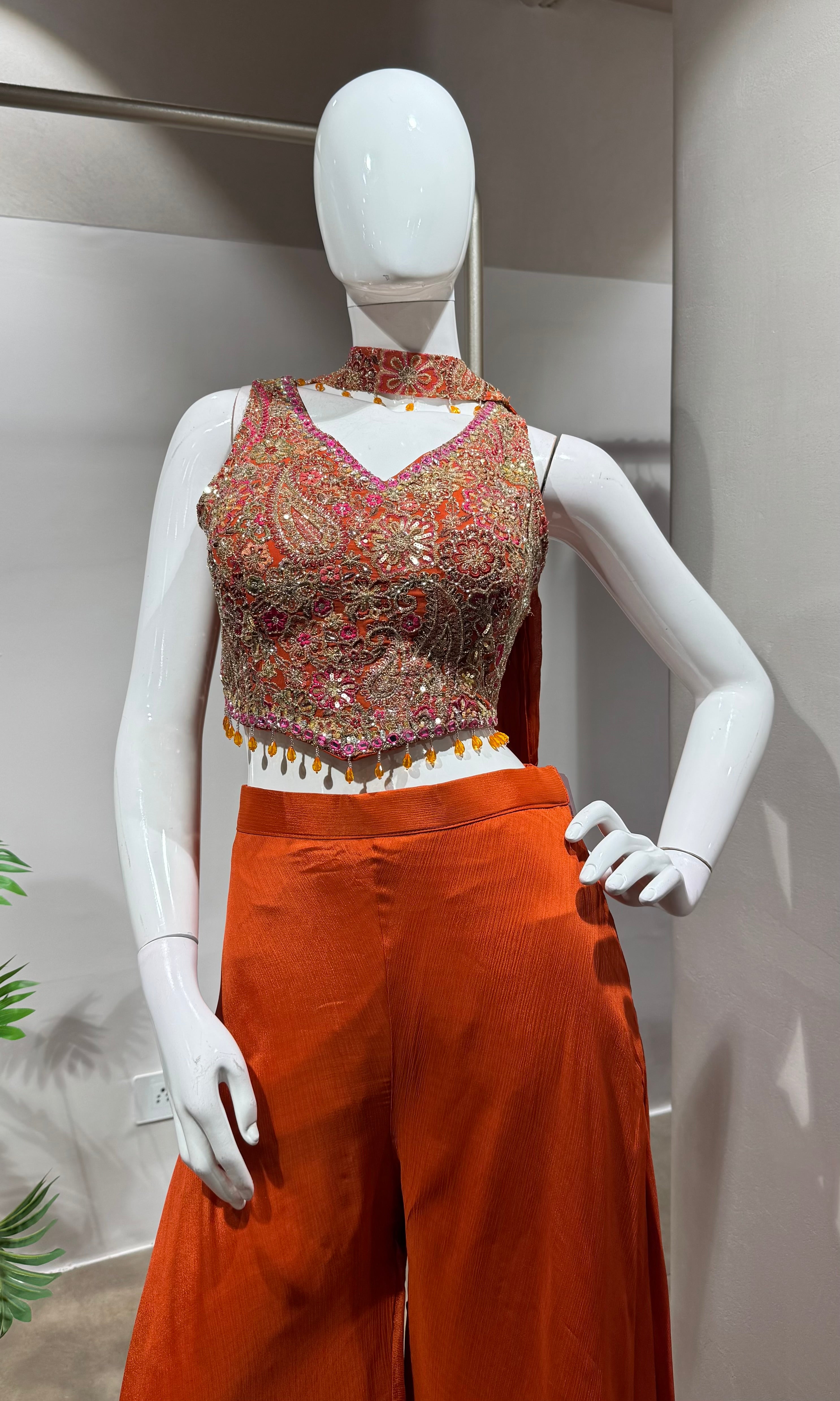 Rust Orange Embroidered Palazzo Set