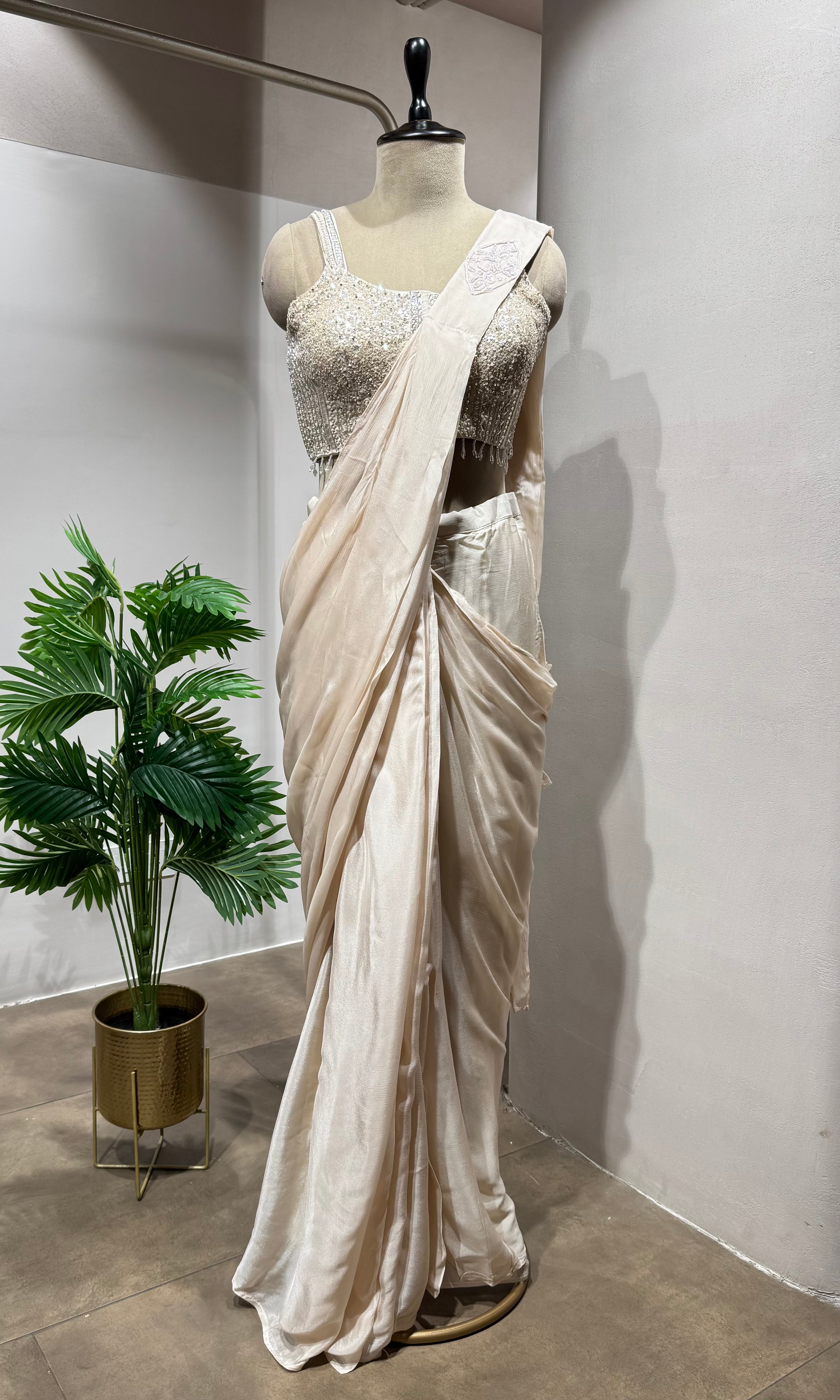 Cream Satin Drape Saree with Sequin Blouse