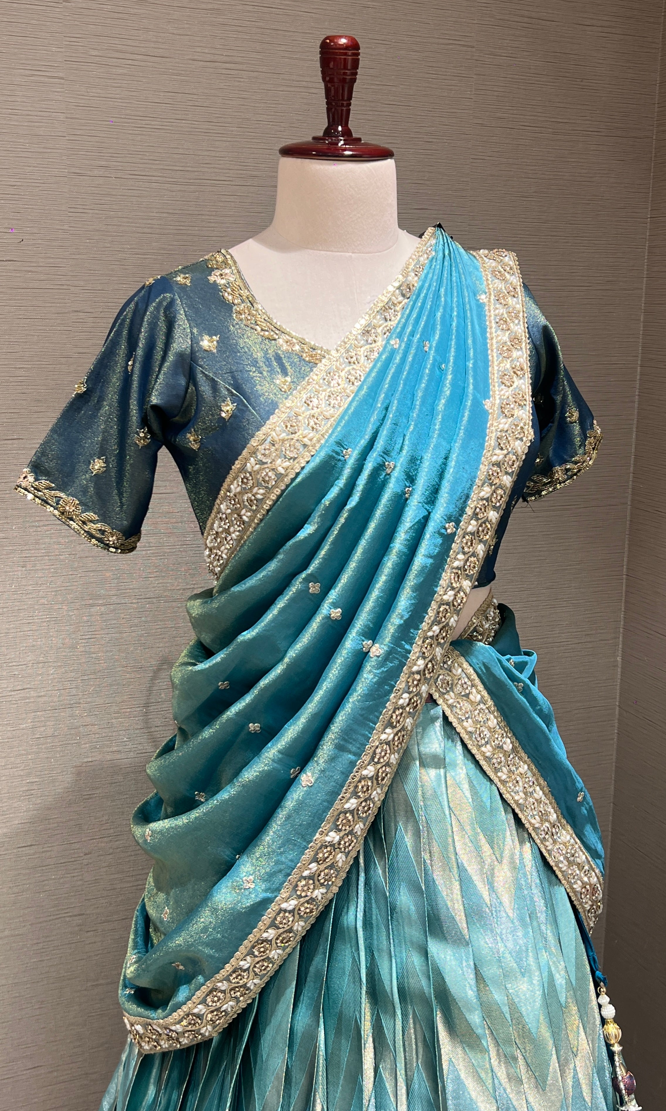 Blue Banarasi Lehenga with Navy Border