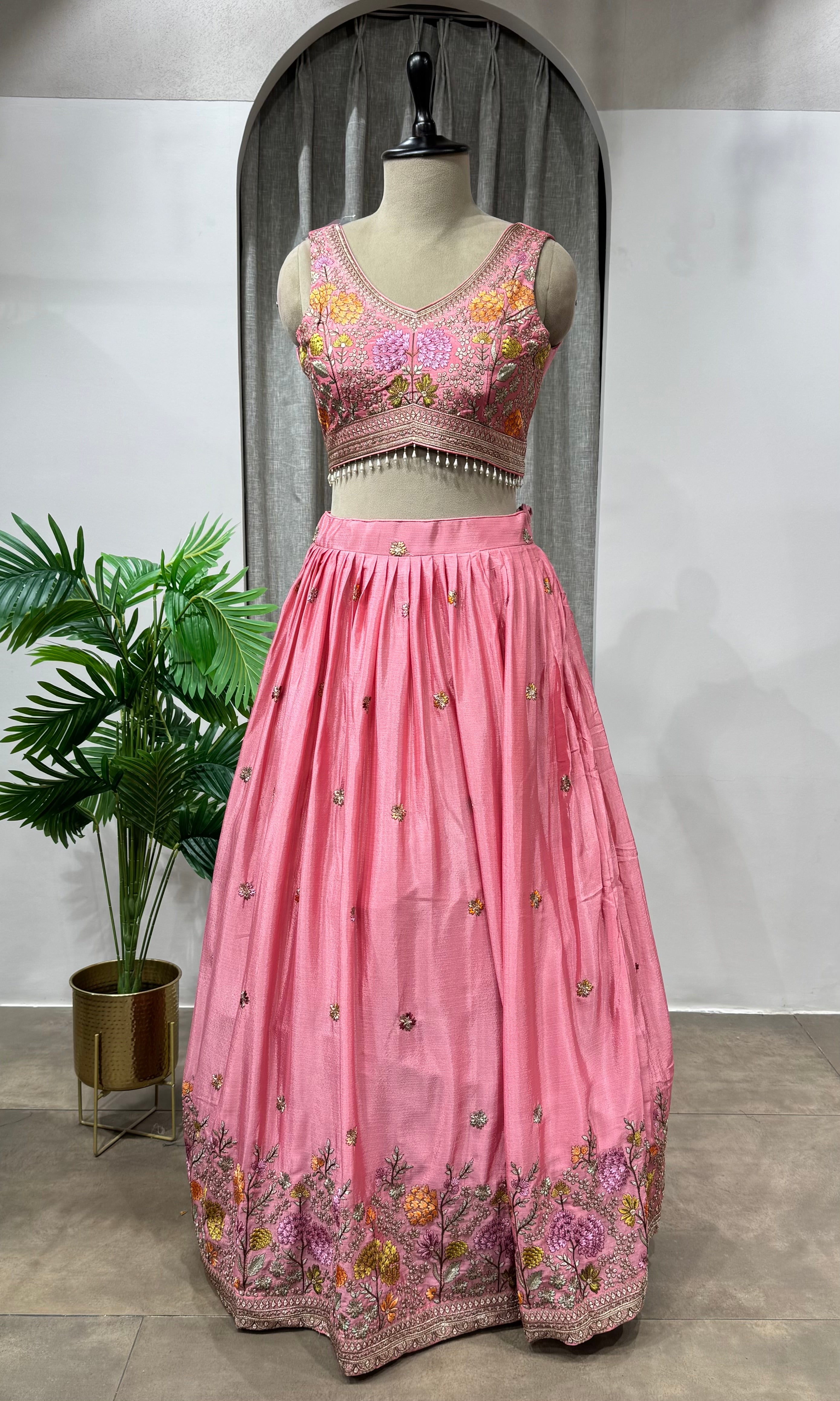 Pink Organza Embroidered Bridal Lehenga