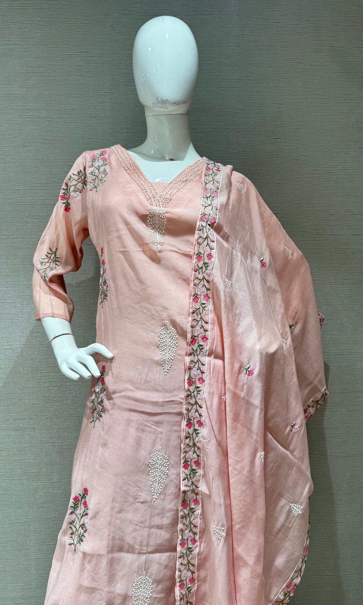 Peach Chanderi Silk Floral Embroidered Kurta Set with Dupatta