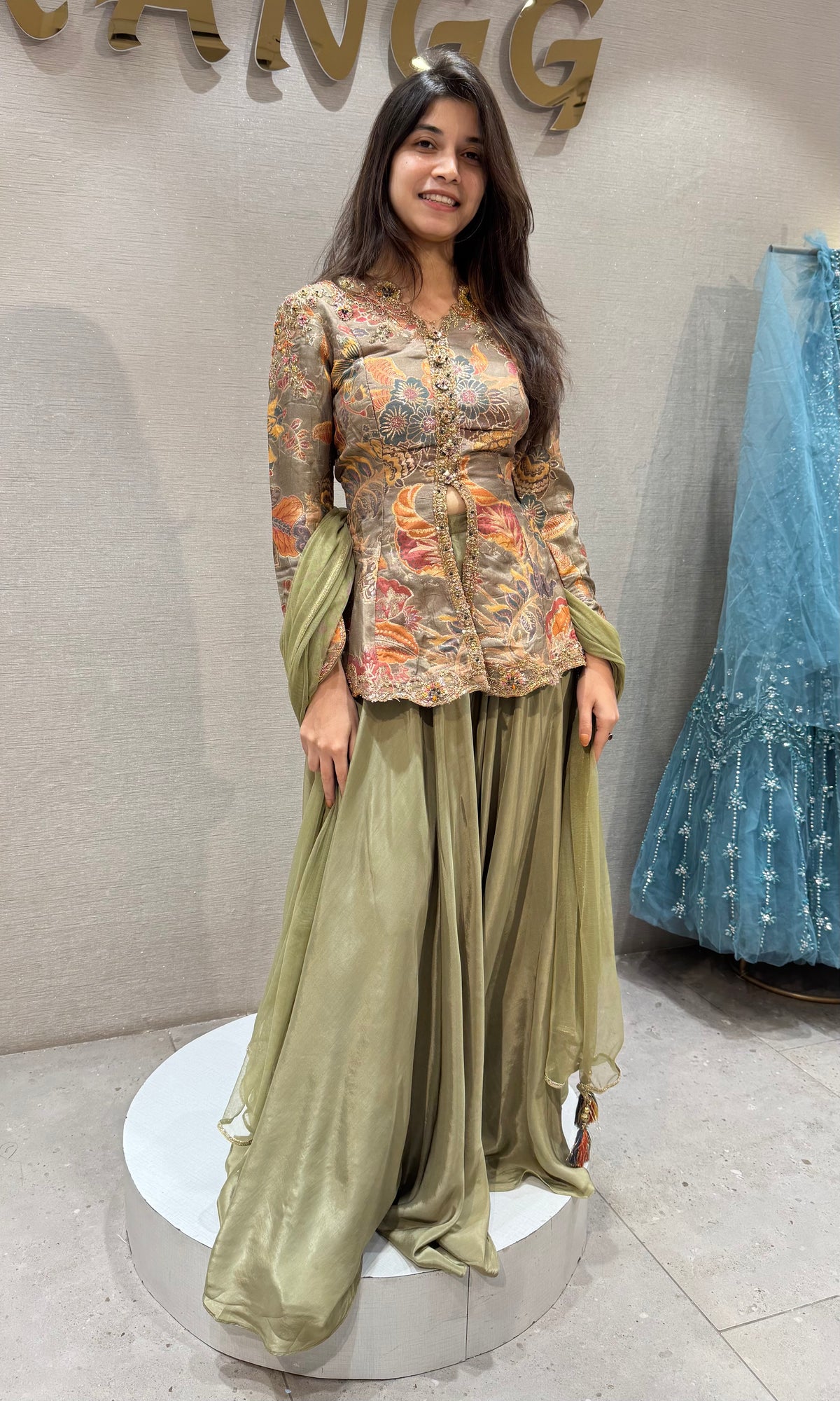 Olive Green Ensemble Peplum Palazzo set with dupatta