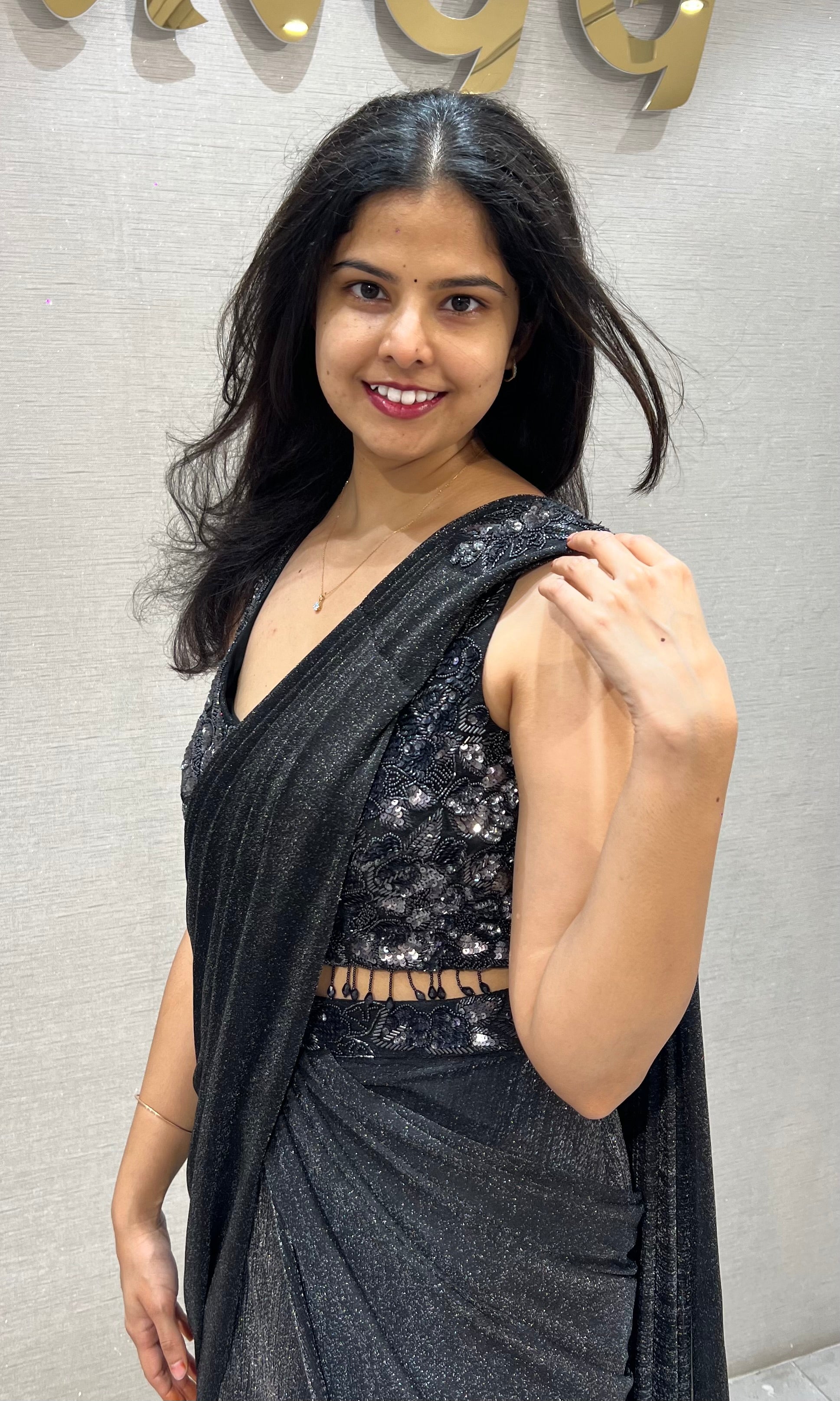 Black Shimmer Georgette Drape Saree with Velvet Blouse