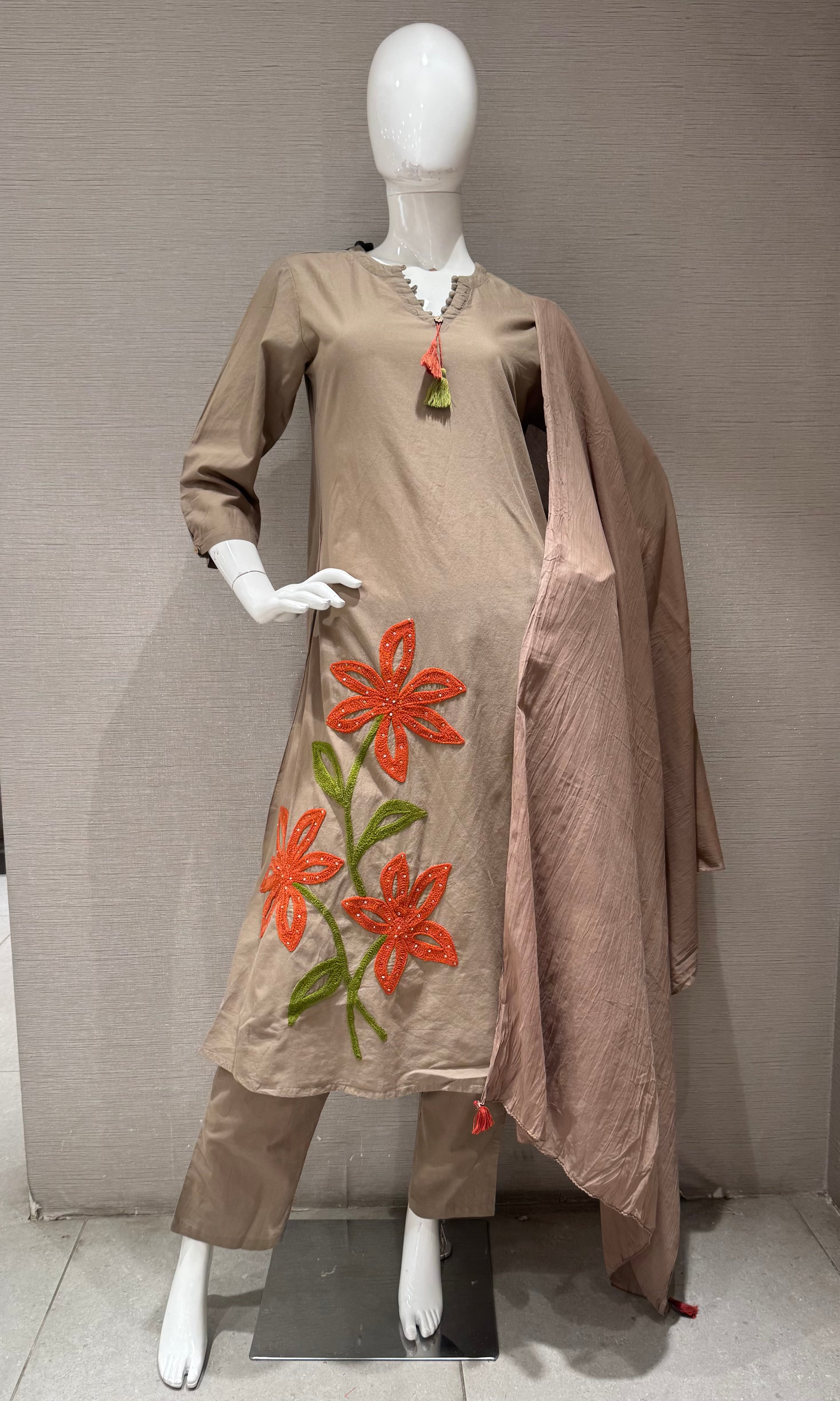 Brown Kurta Set with orange floral embroidery