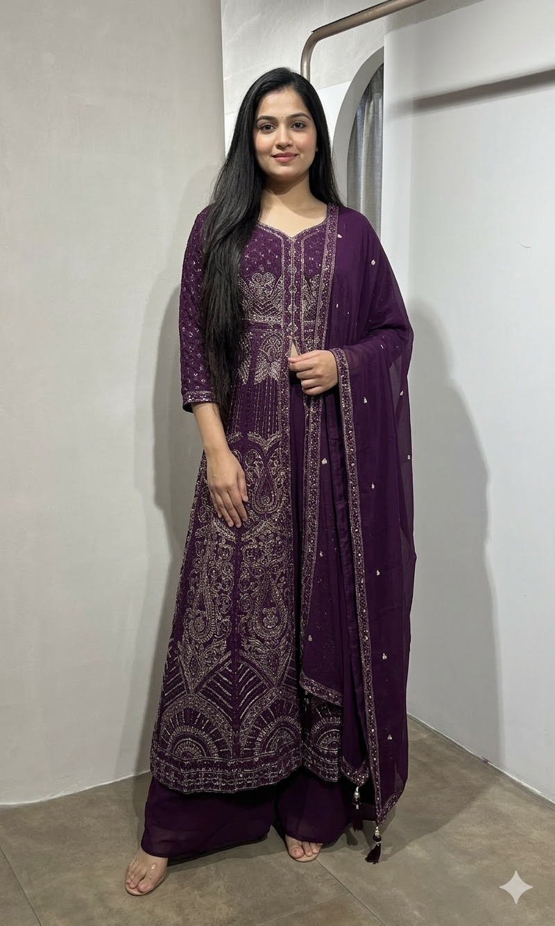 Wine FRONT SLIT ANARKALI WITH PALAZZO PANTS