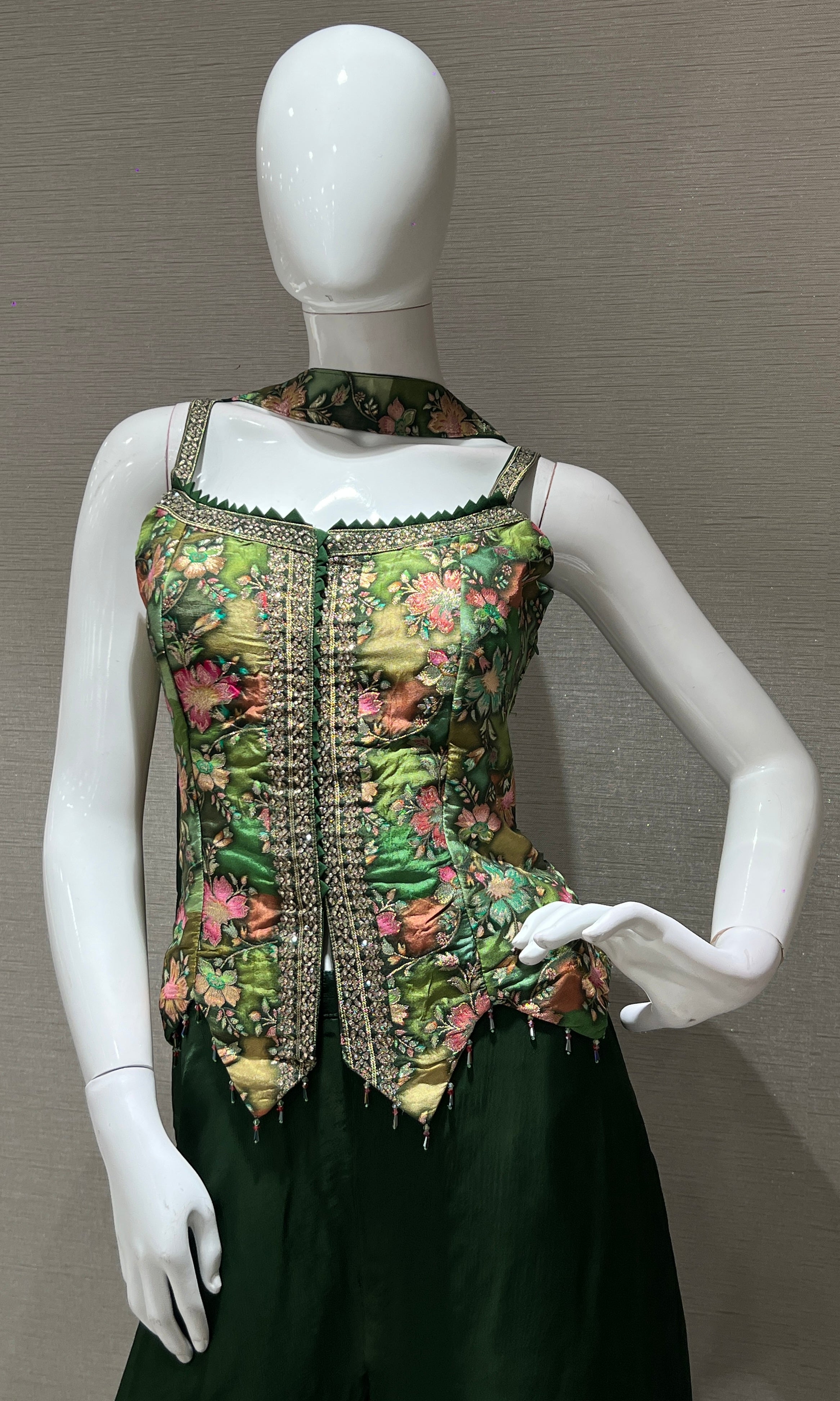 Green Floral Peplum Top with Palazzo Set