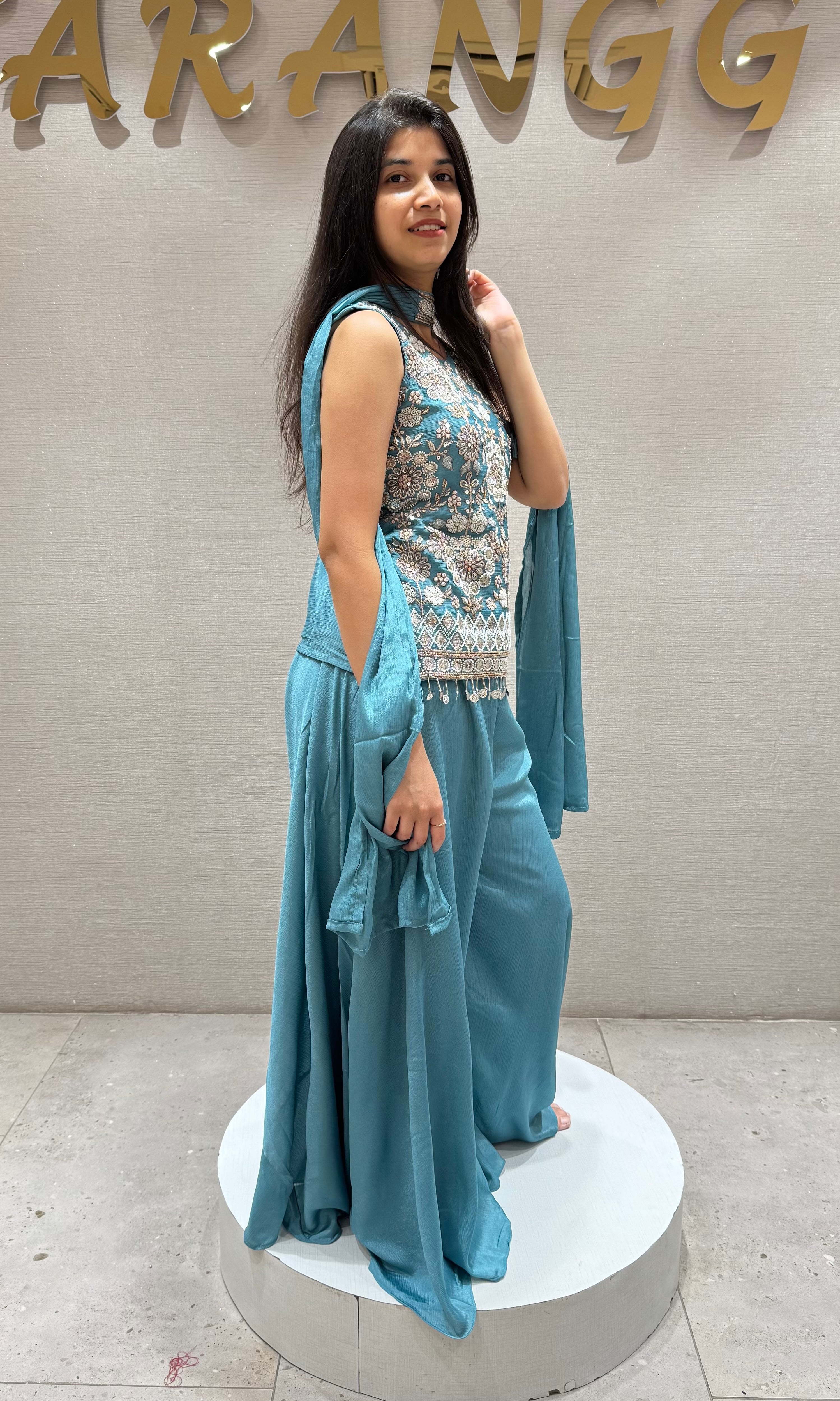 Sea Blue Embroidered Palazzo Set