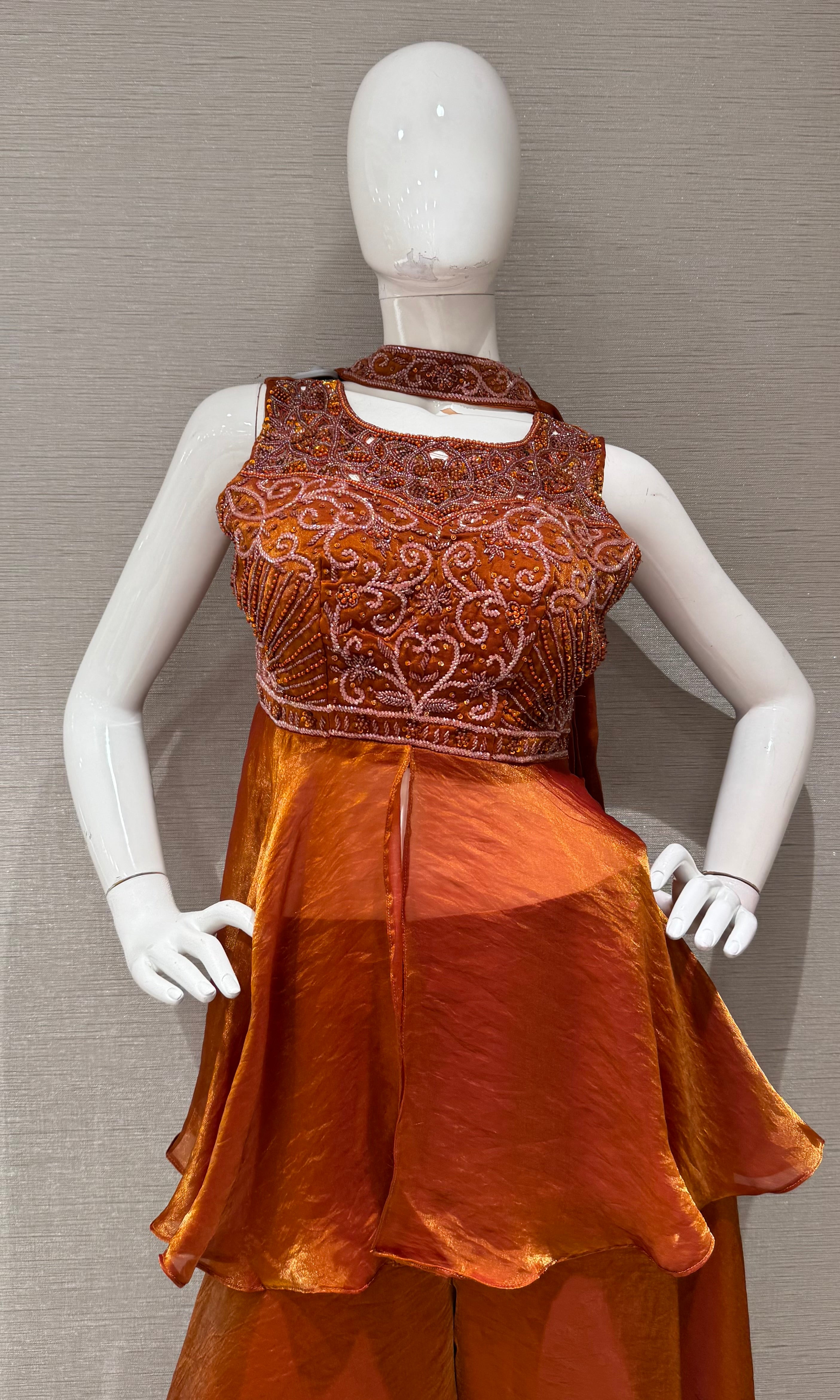 Rust Orange Embroidered Peplum Palazzo Set