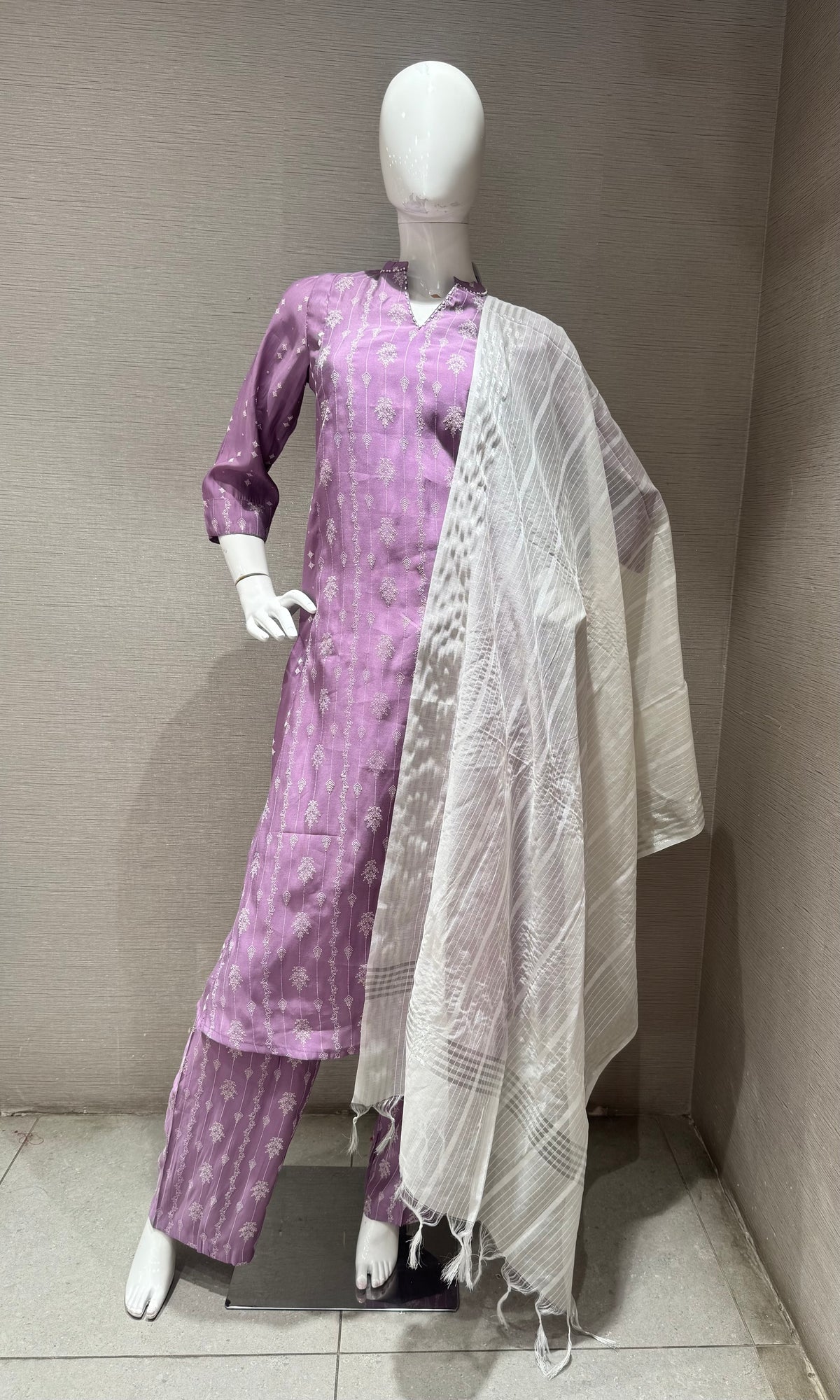 Lavender Cotton Kurta Set with contrast dupatta