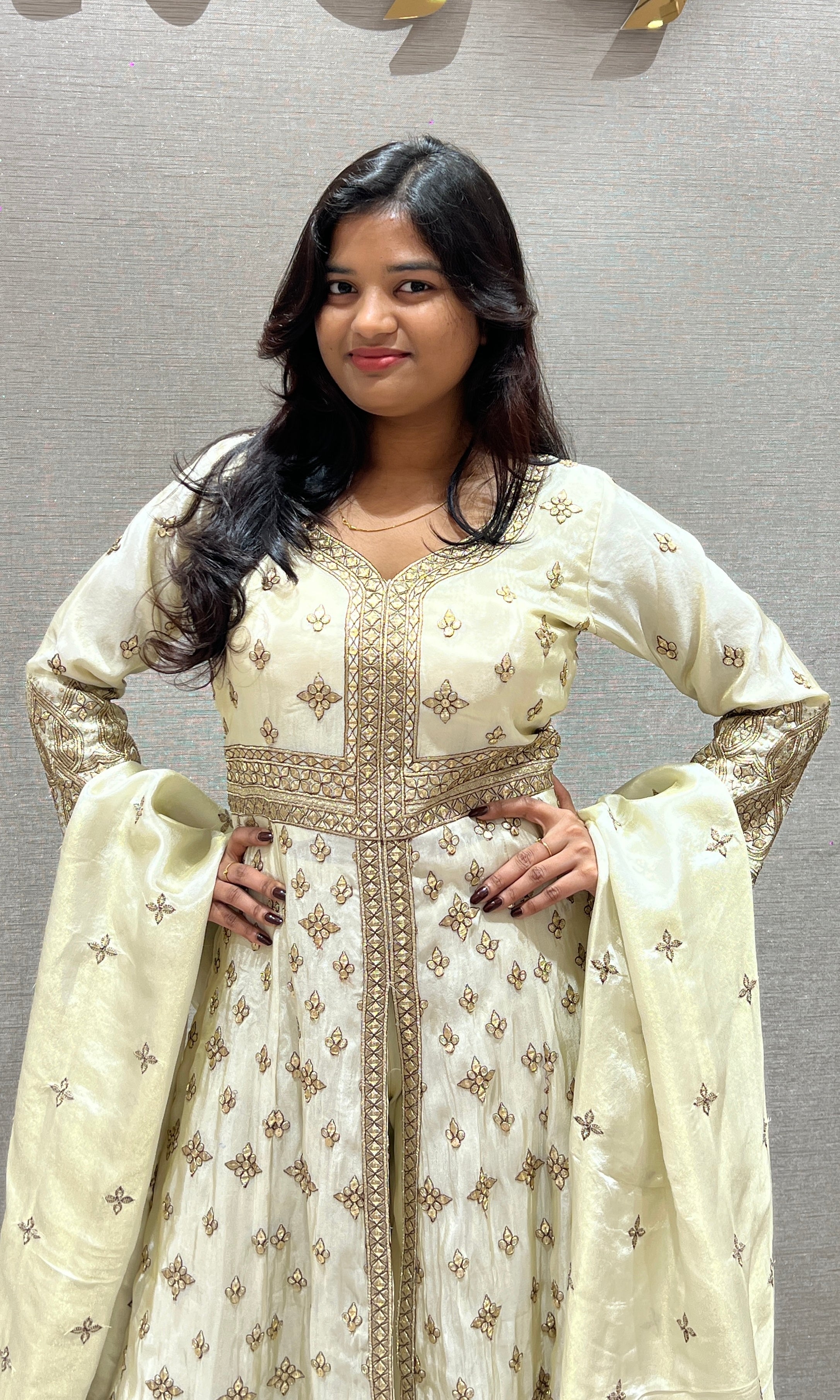 Cream and Gold Anarkali Long Gown