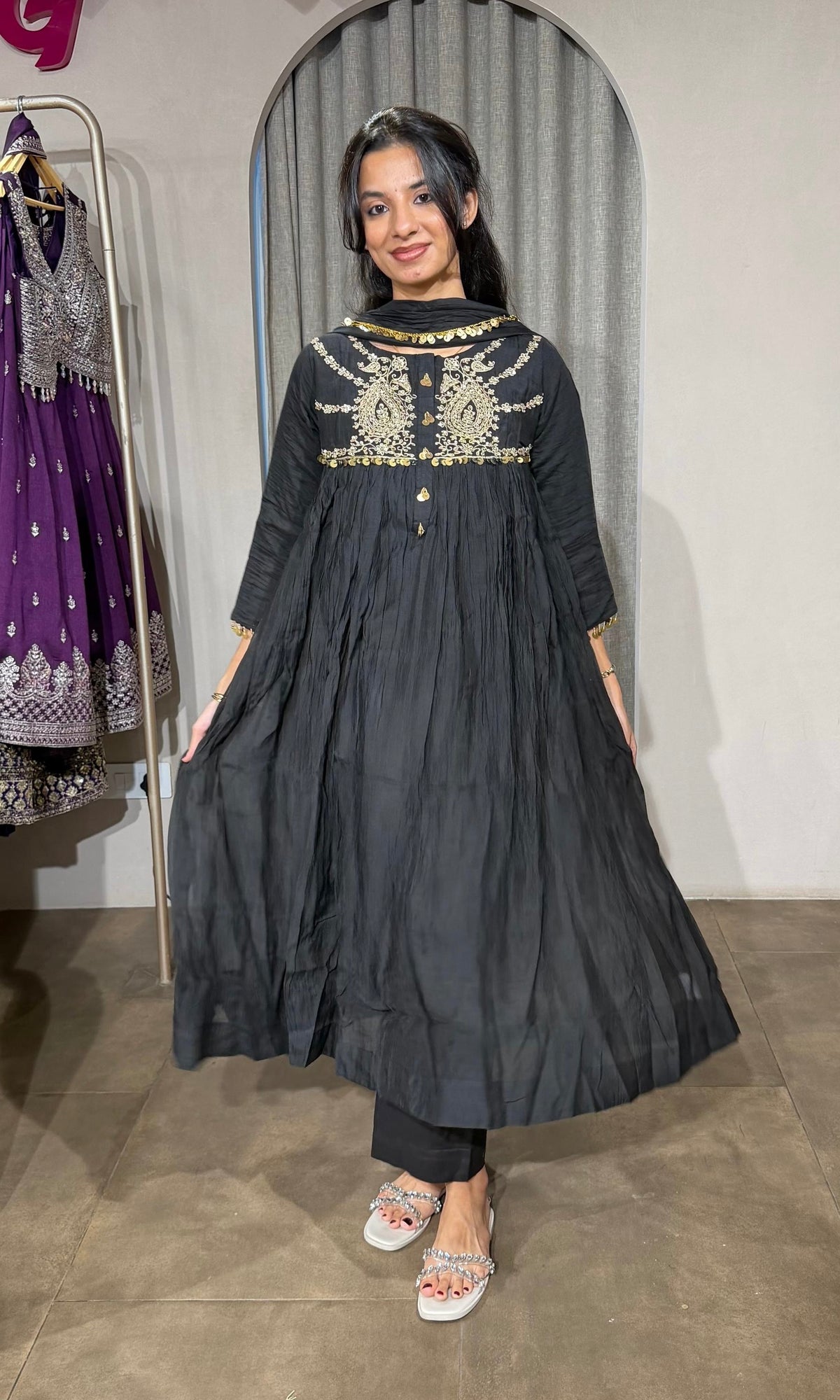 BLACK MUL CHANDERI KURTA SET WITH DUPATTA