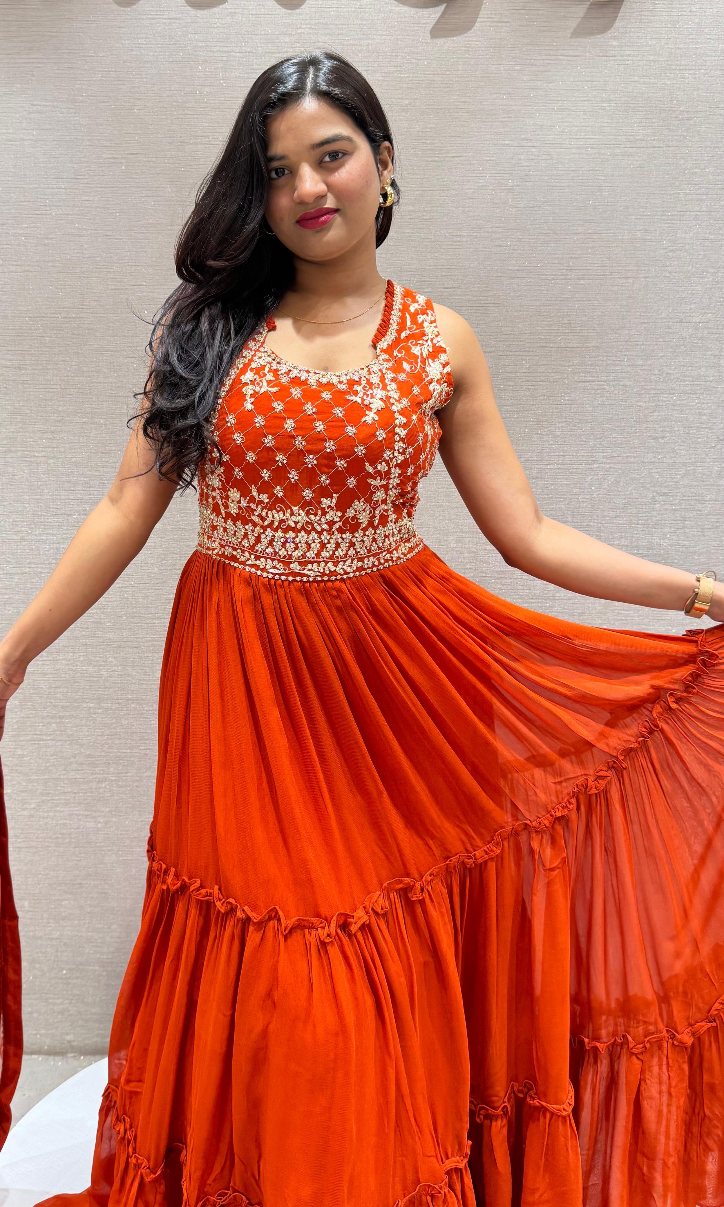 Orange RUFFLE ANARKALI LONG dress
