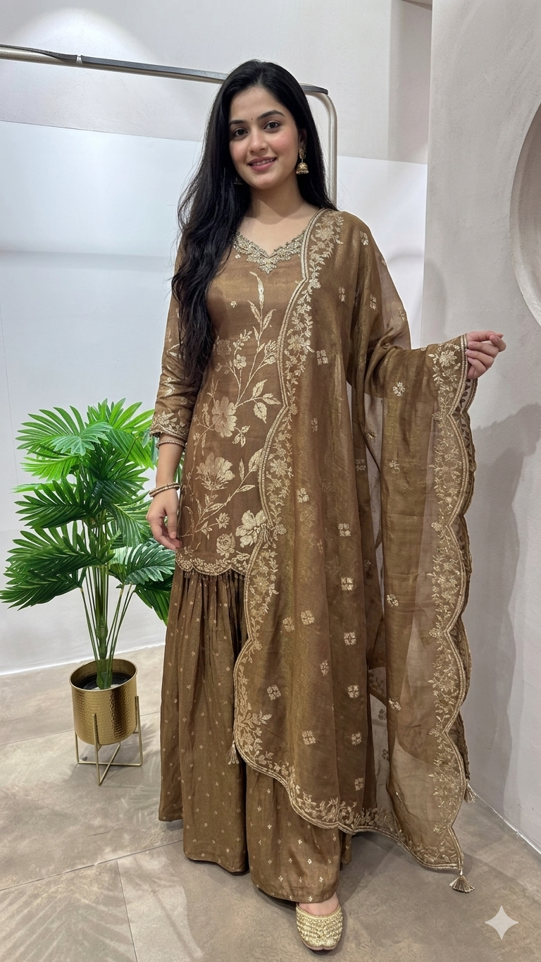 Brown GOLDEN FLORAL ETHNIC SHARARA SET