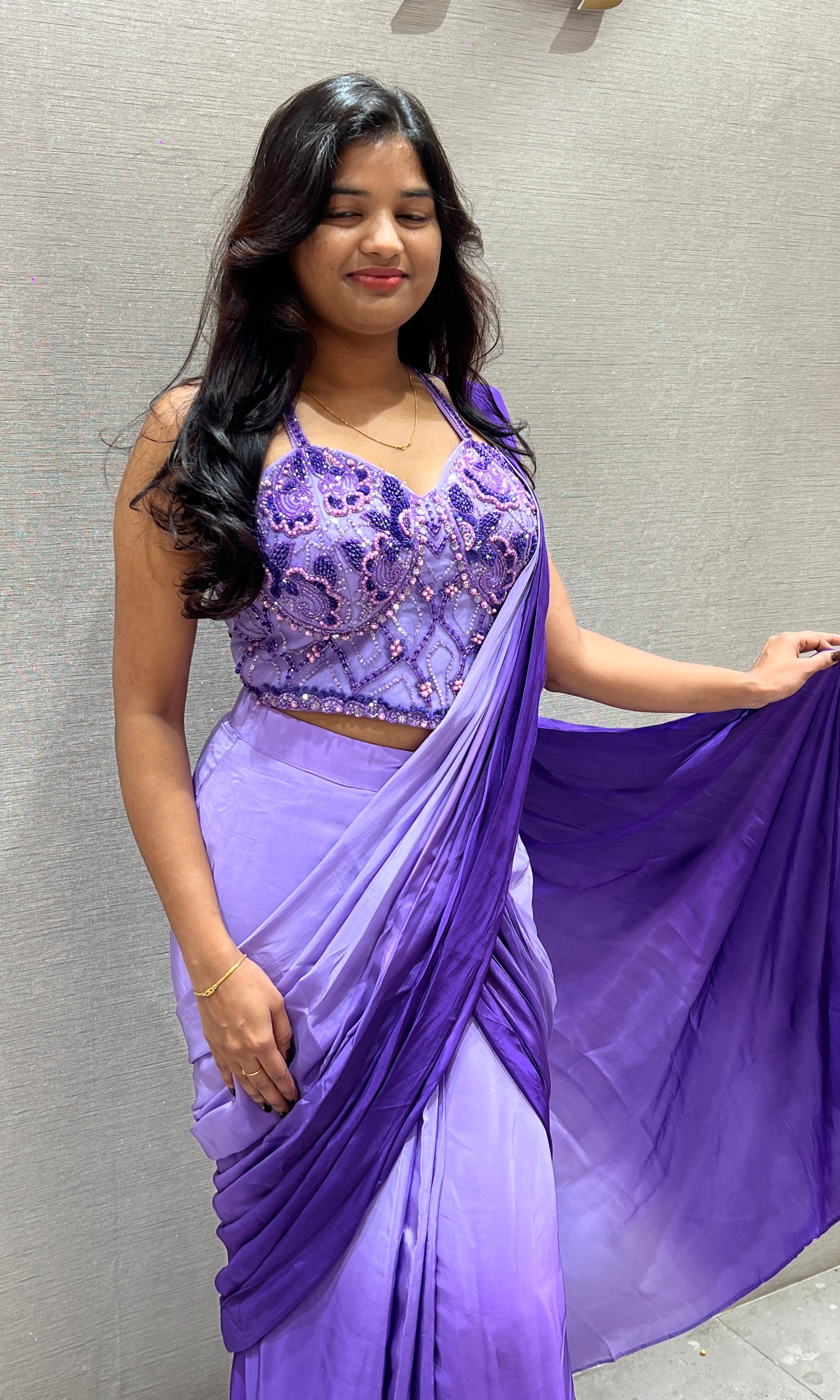 purple drape saree With Sweetheart Neck Blouse