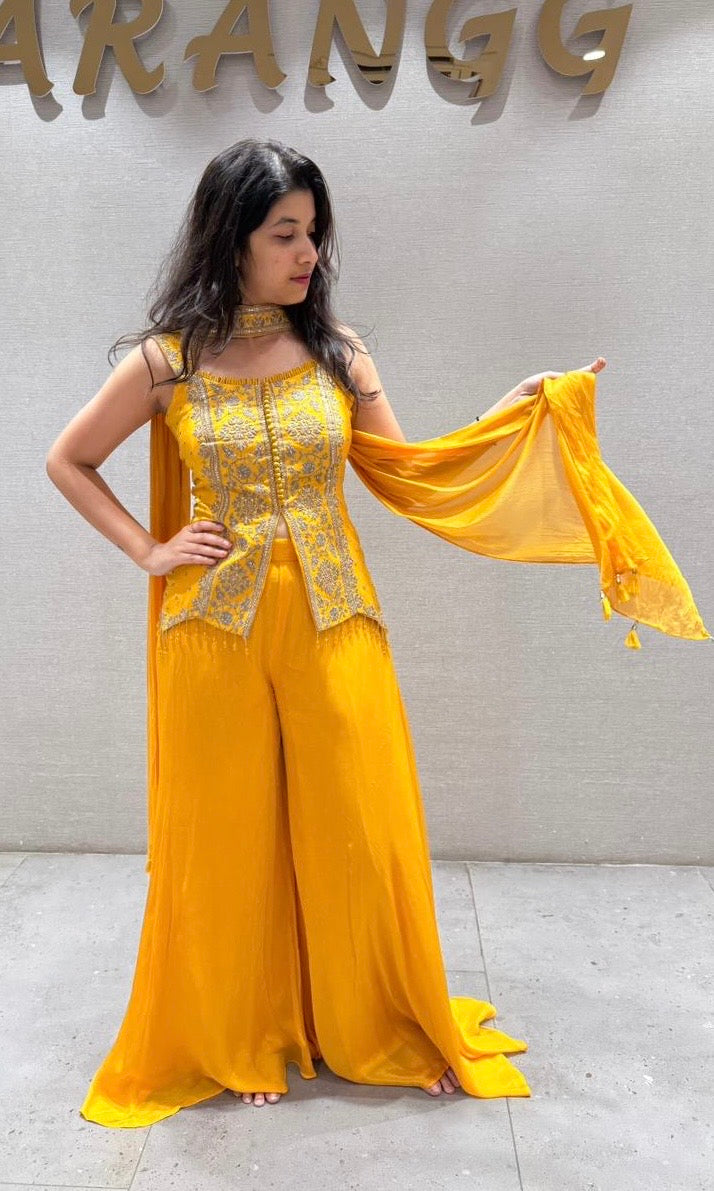 Yellow Embroidered Peplum Palazoo Set