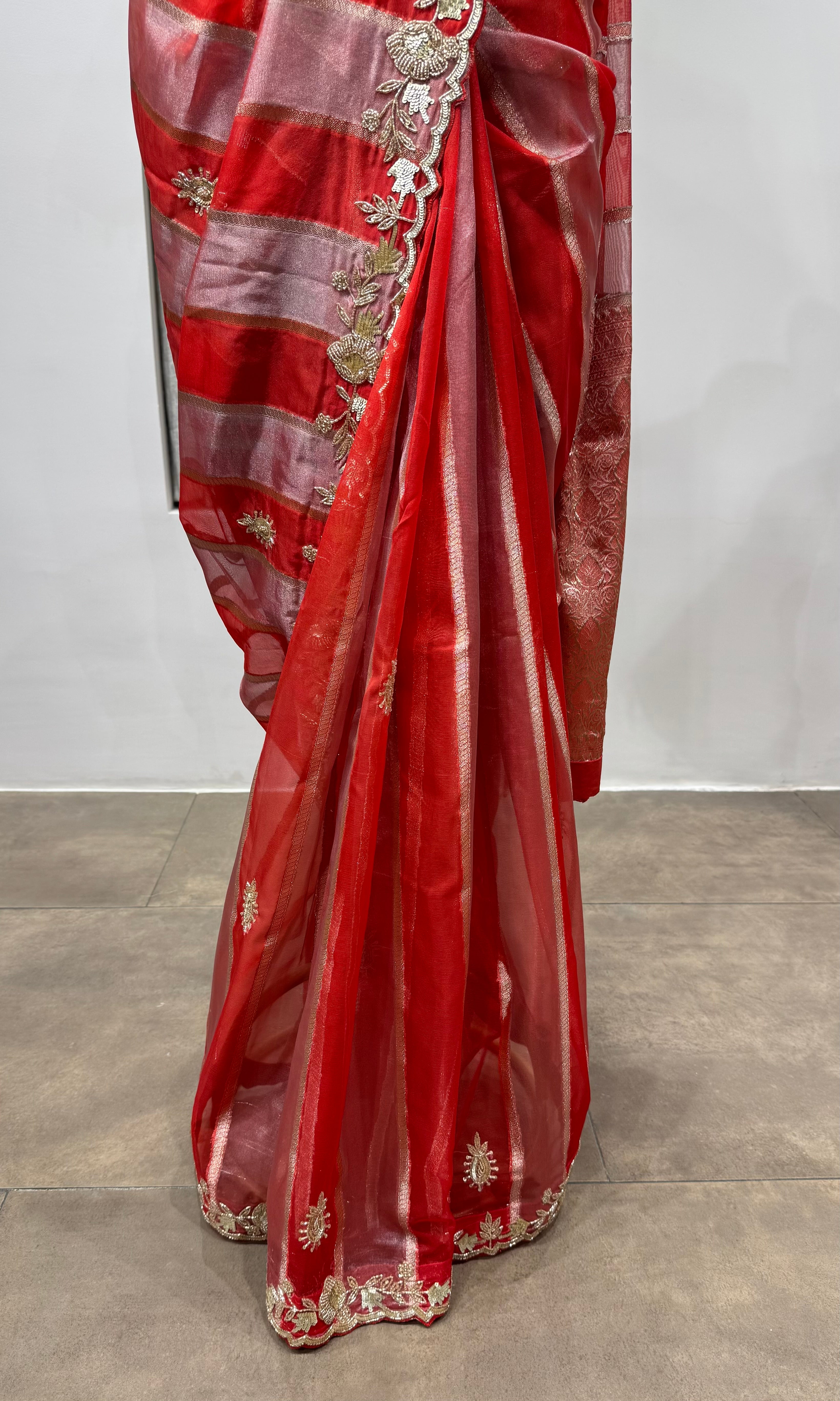 RED Embellished Tussar Silk Leheriya Saree
