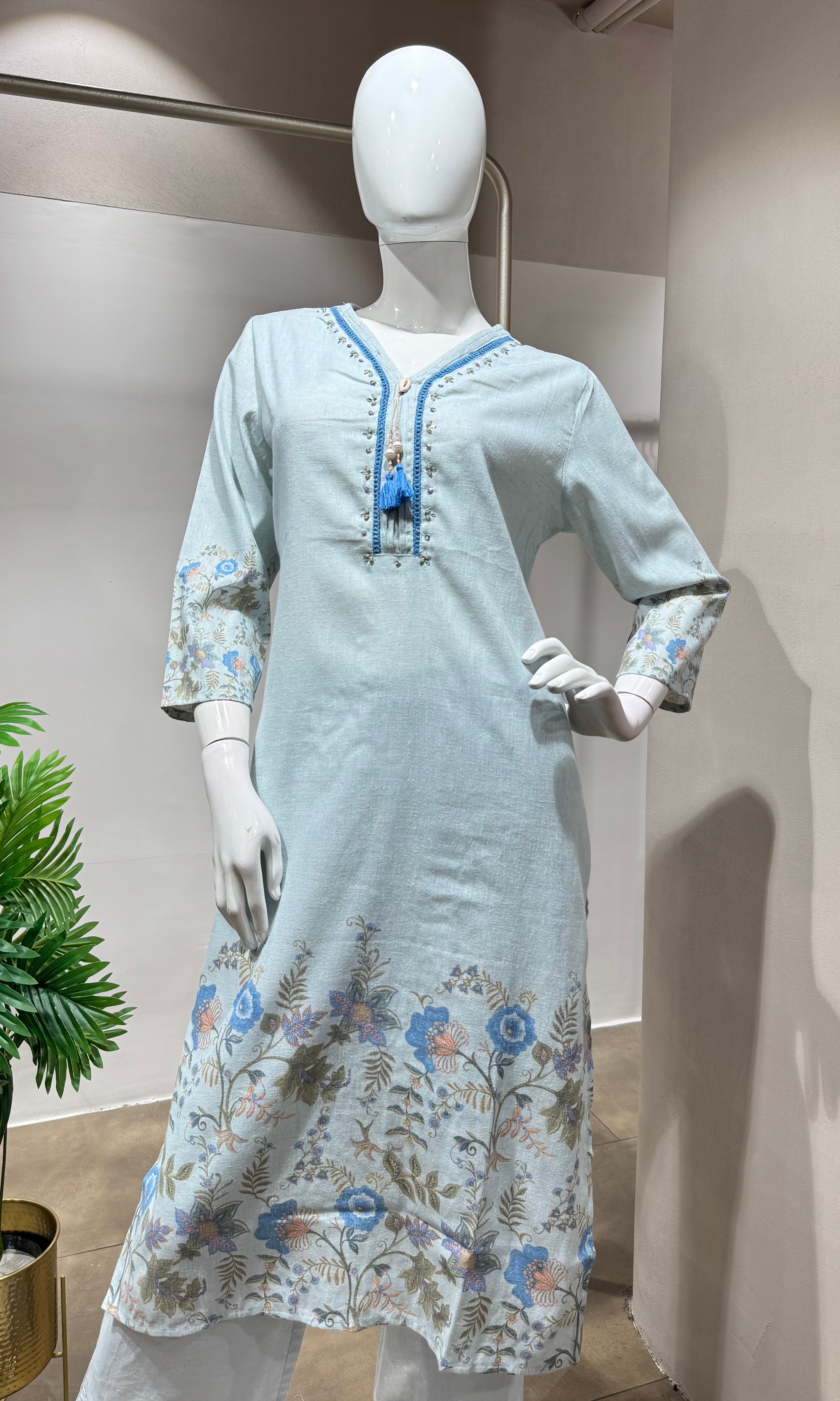 Light blue FLORAL PRINT EMBROIDERED kurta set