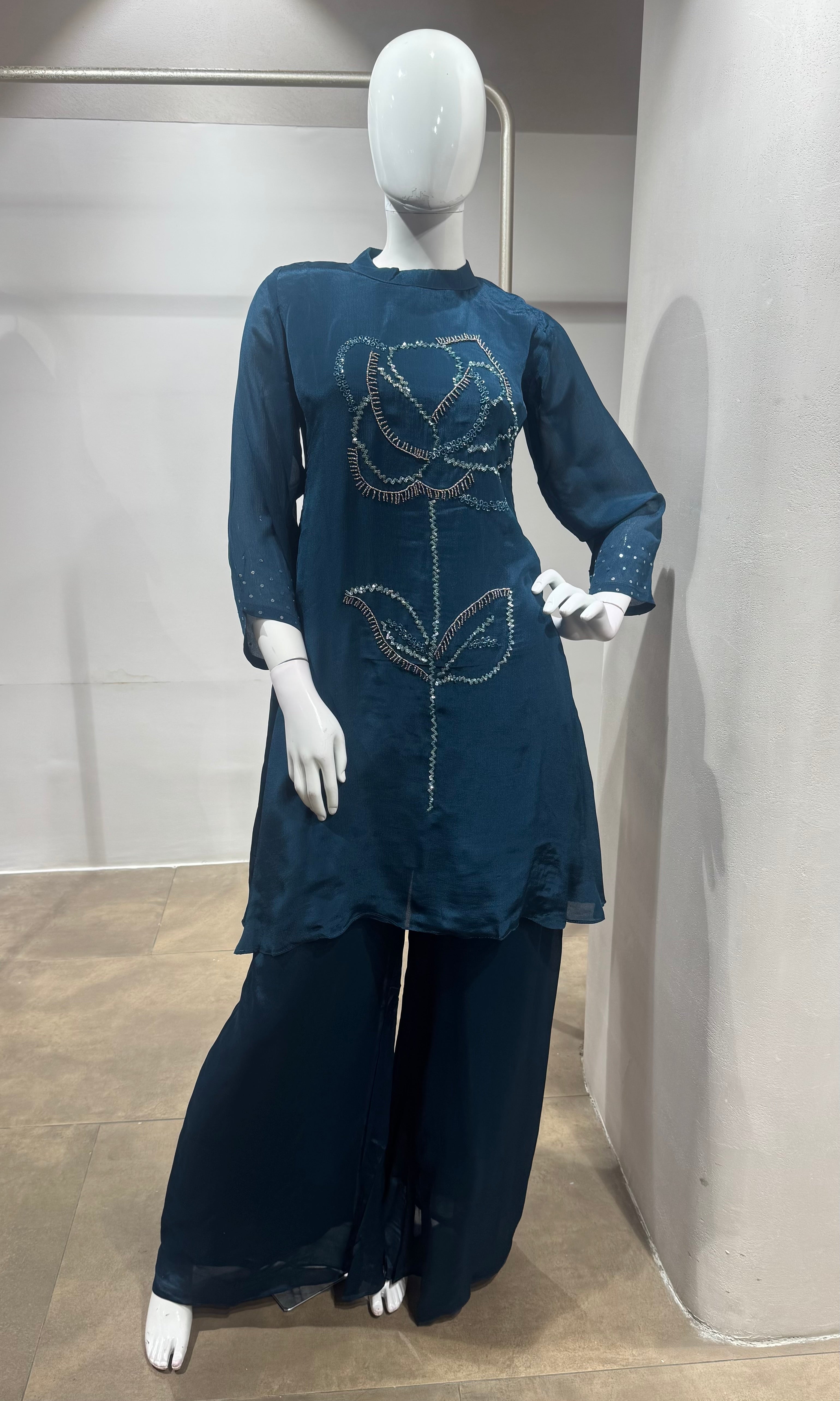 Teal Blue floral kurti with bottom