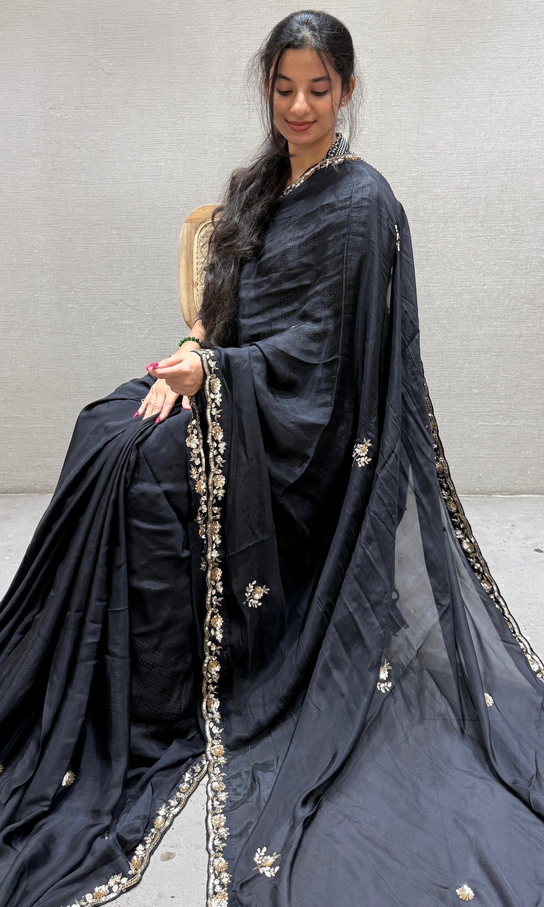 Black and gold saree with ready blouse