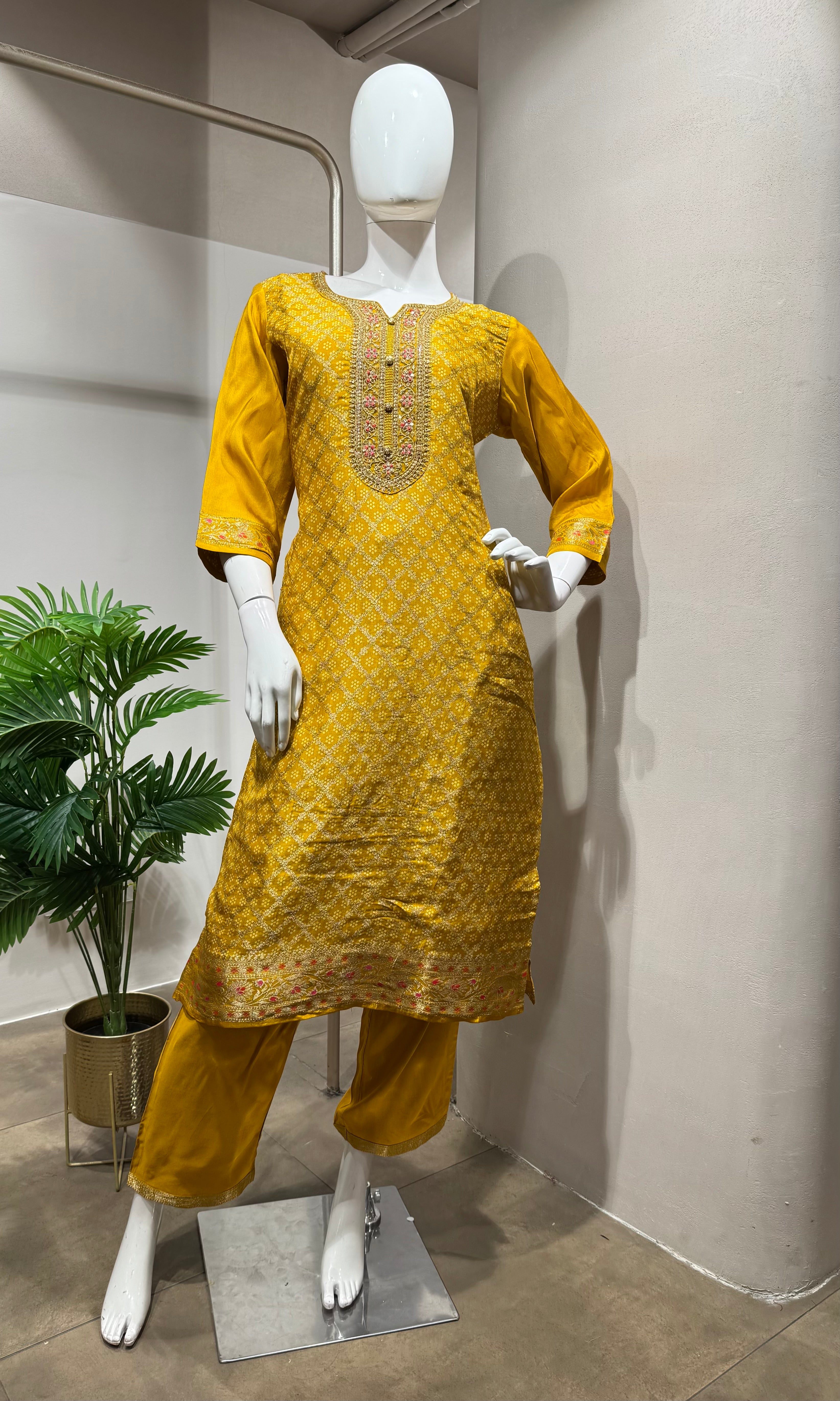 Mustard Yellow Embroidered Kurta Set