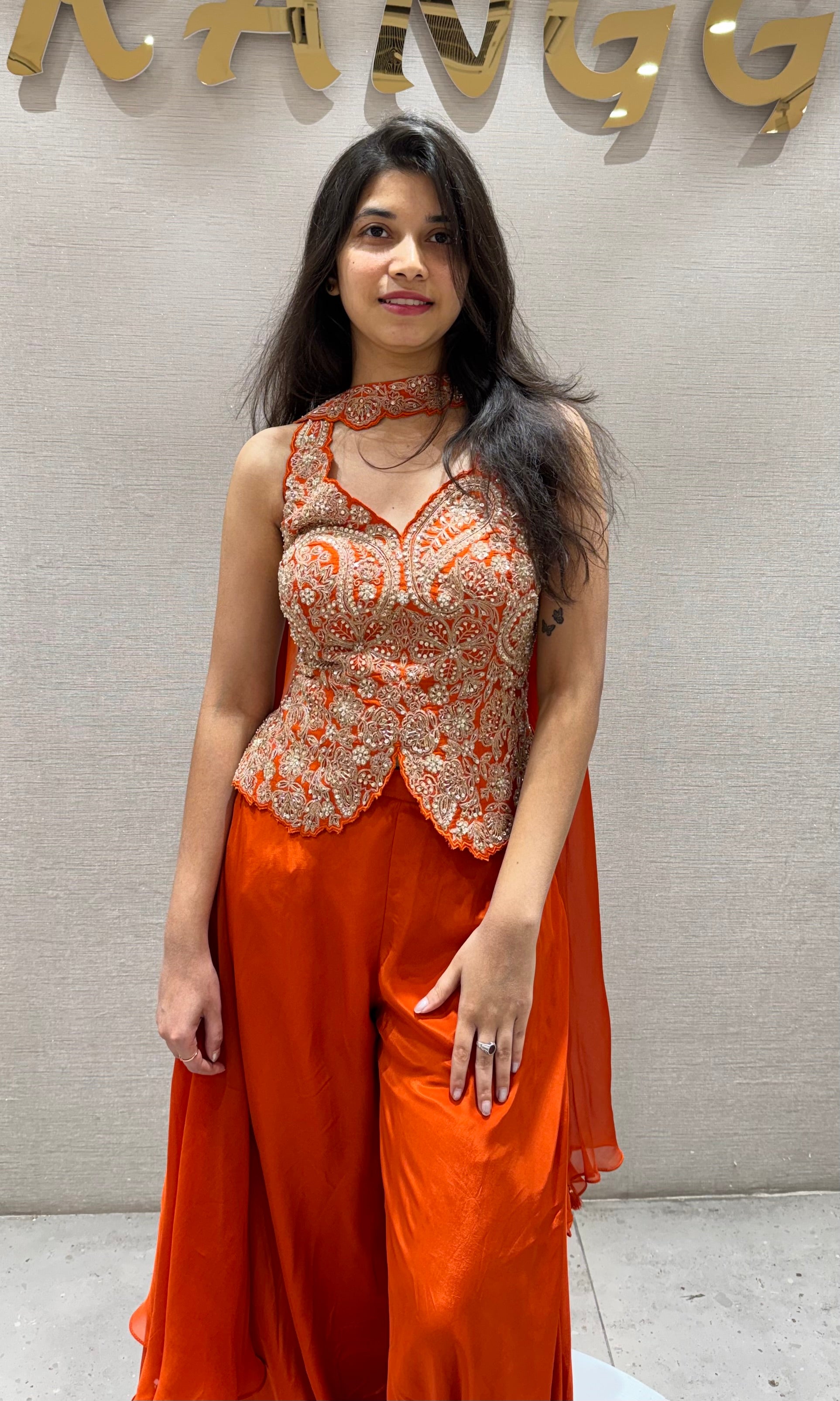 Orange EMBROIDERED PEPLUM PALAZZO SET