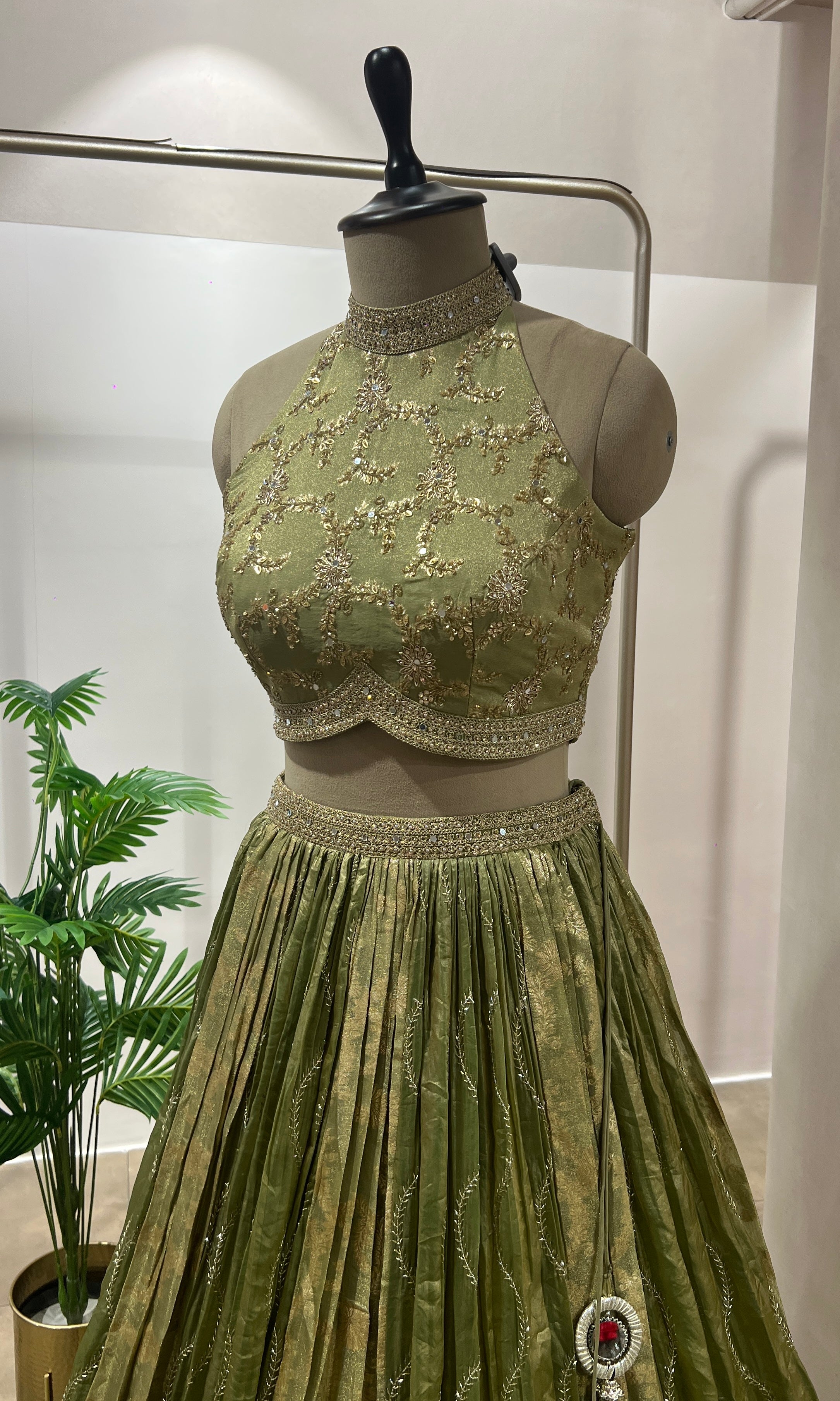 Green GOLDEN LEHENGA WITH HALTER NECK BLOUSE