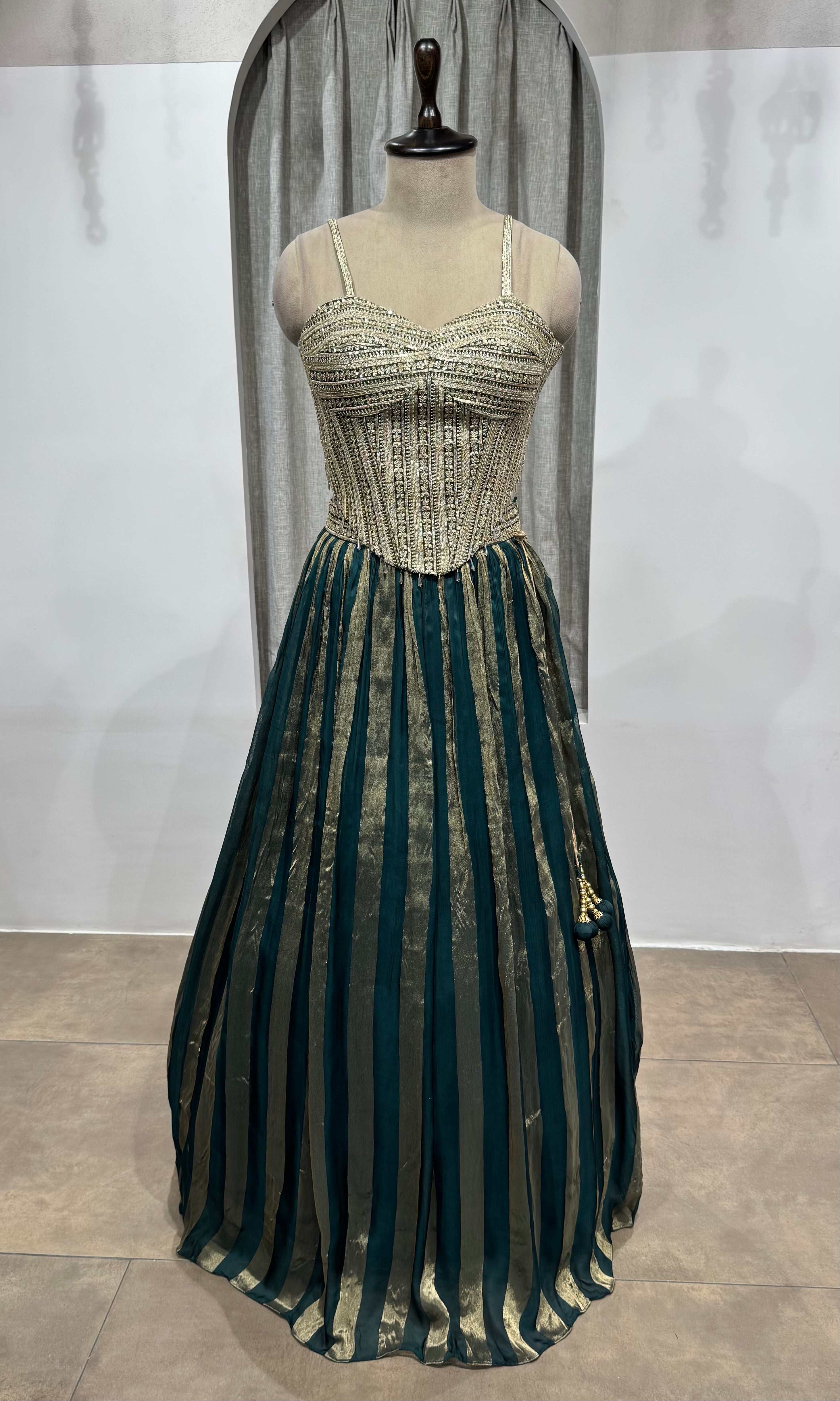green and gold striped corset lehenga