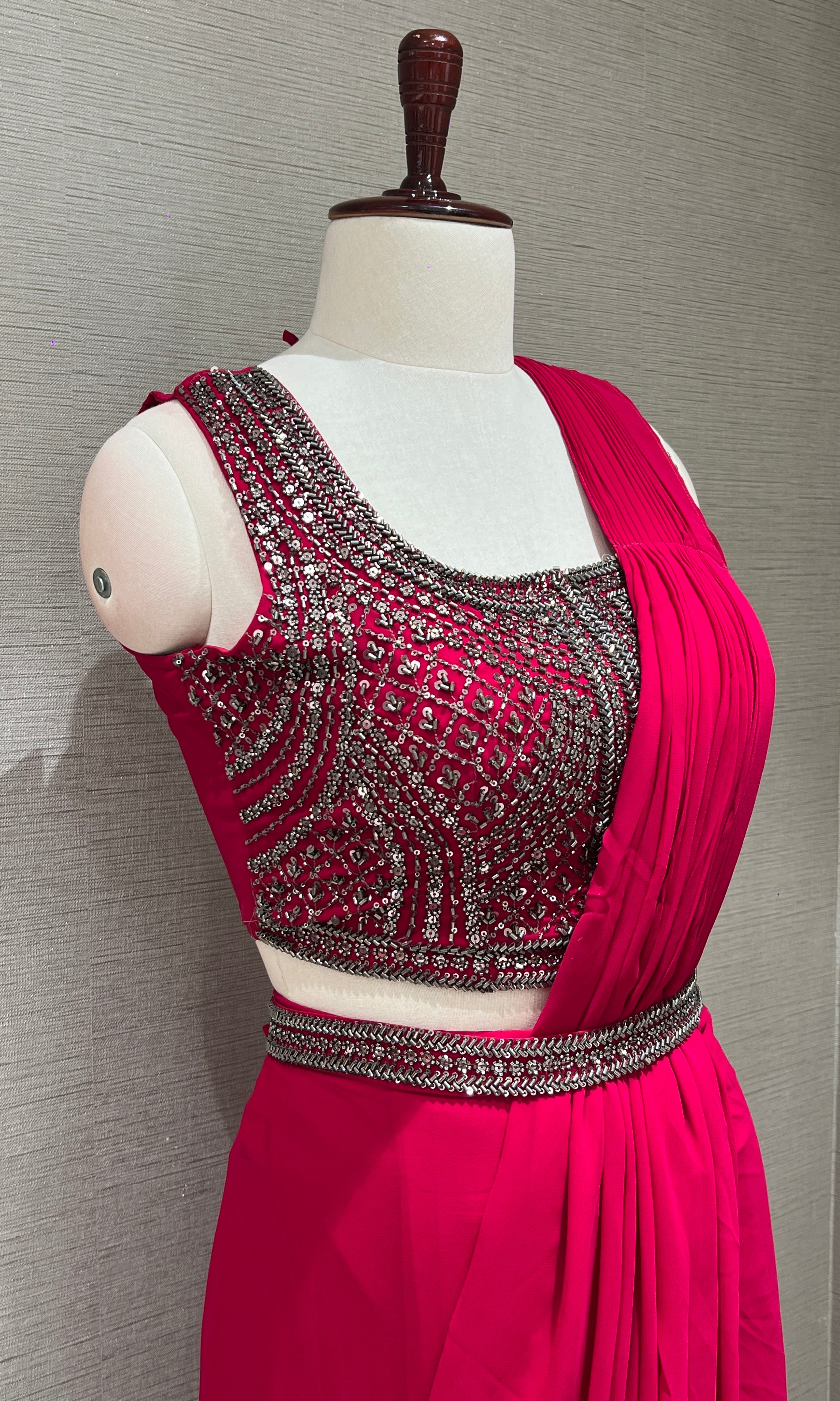 Rani Pink Draped Saree with Sequins Blouse